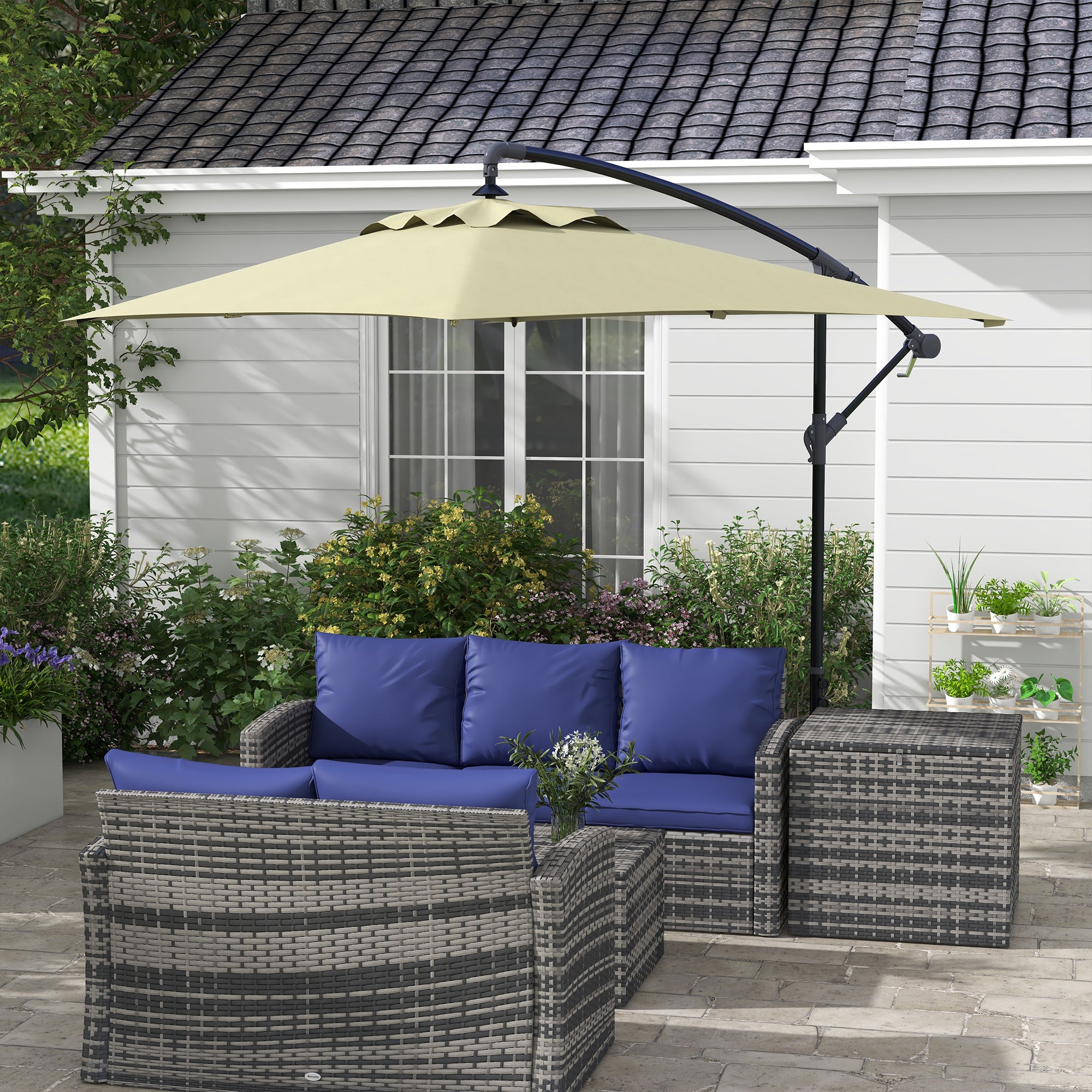 Outsunny 3m Square Canopy Cantilever Parasol, with Cross Base - Beige - North Peak Garden Furniture