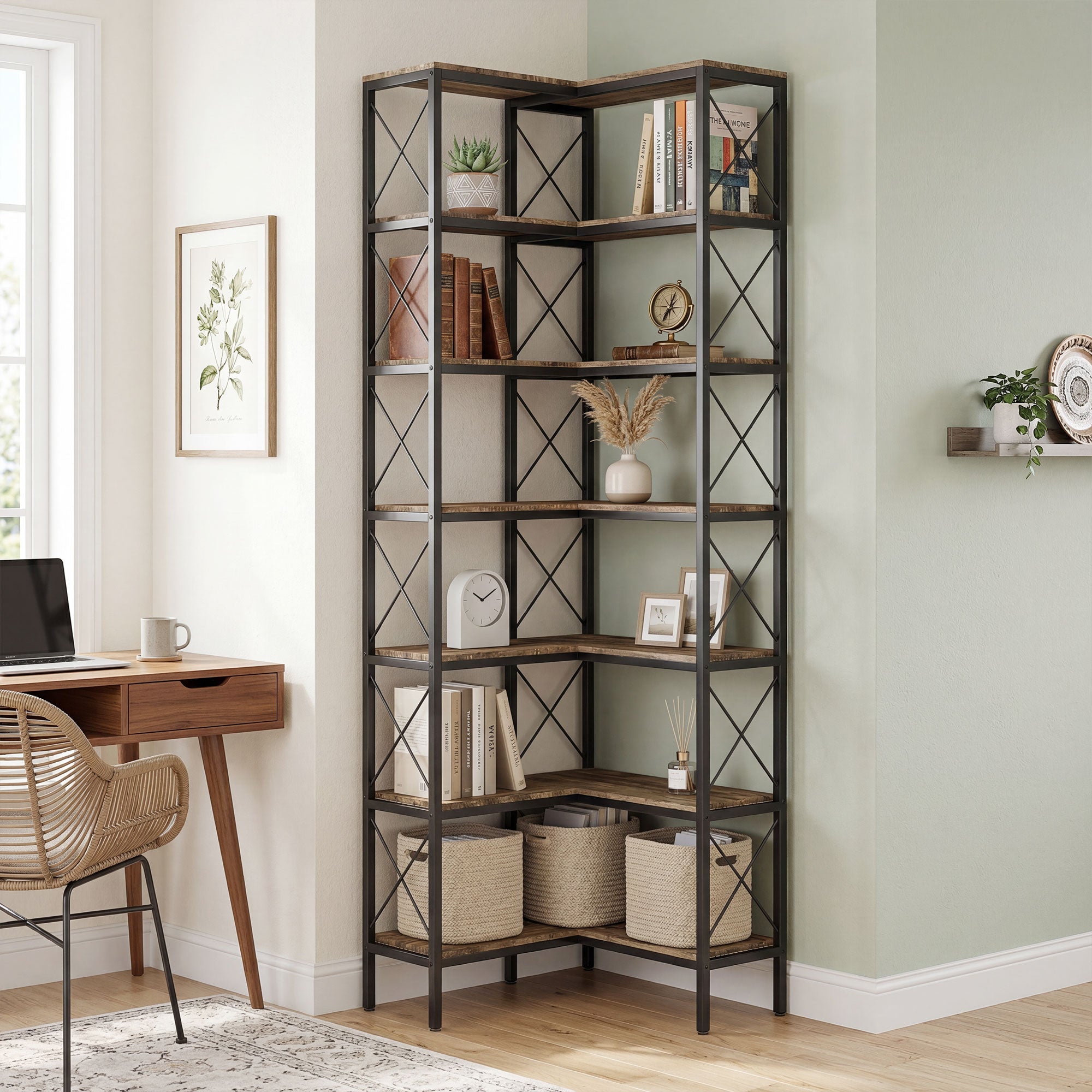HOMCOM 6-Tier L-Shaped Bookshelf, Freestanding Corner Bookcase with Metal Frame, Rustic Brown