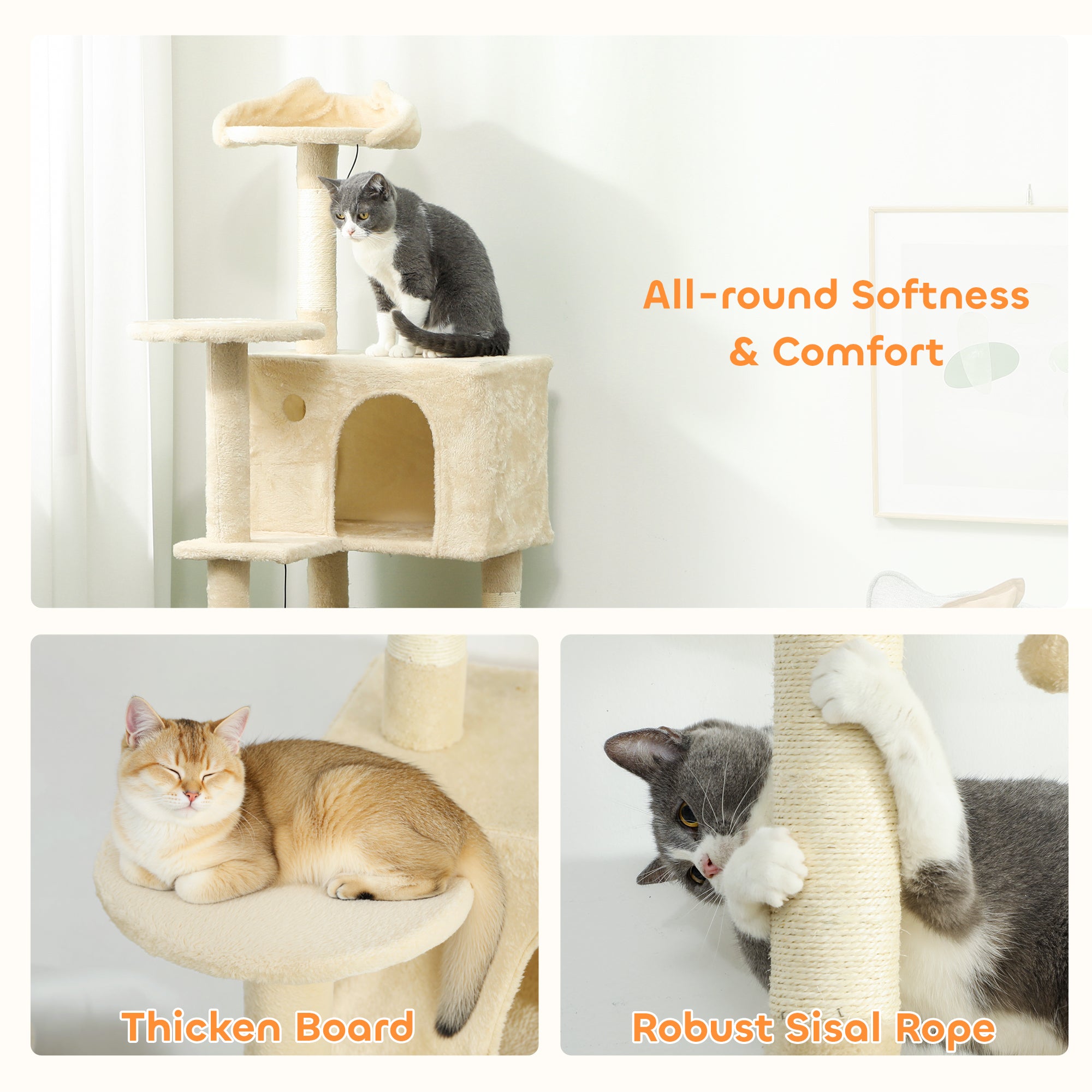 PawHut 160cm Large Cat Tree Tower with Sisal Scratching Posts, Condos, Plush Perches, Hammock, Ladder, Beige