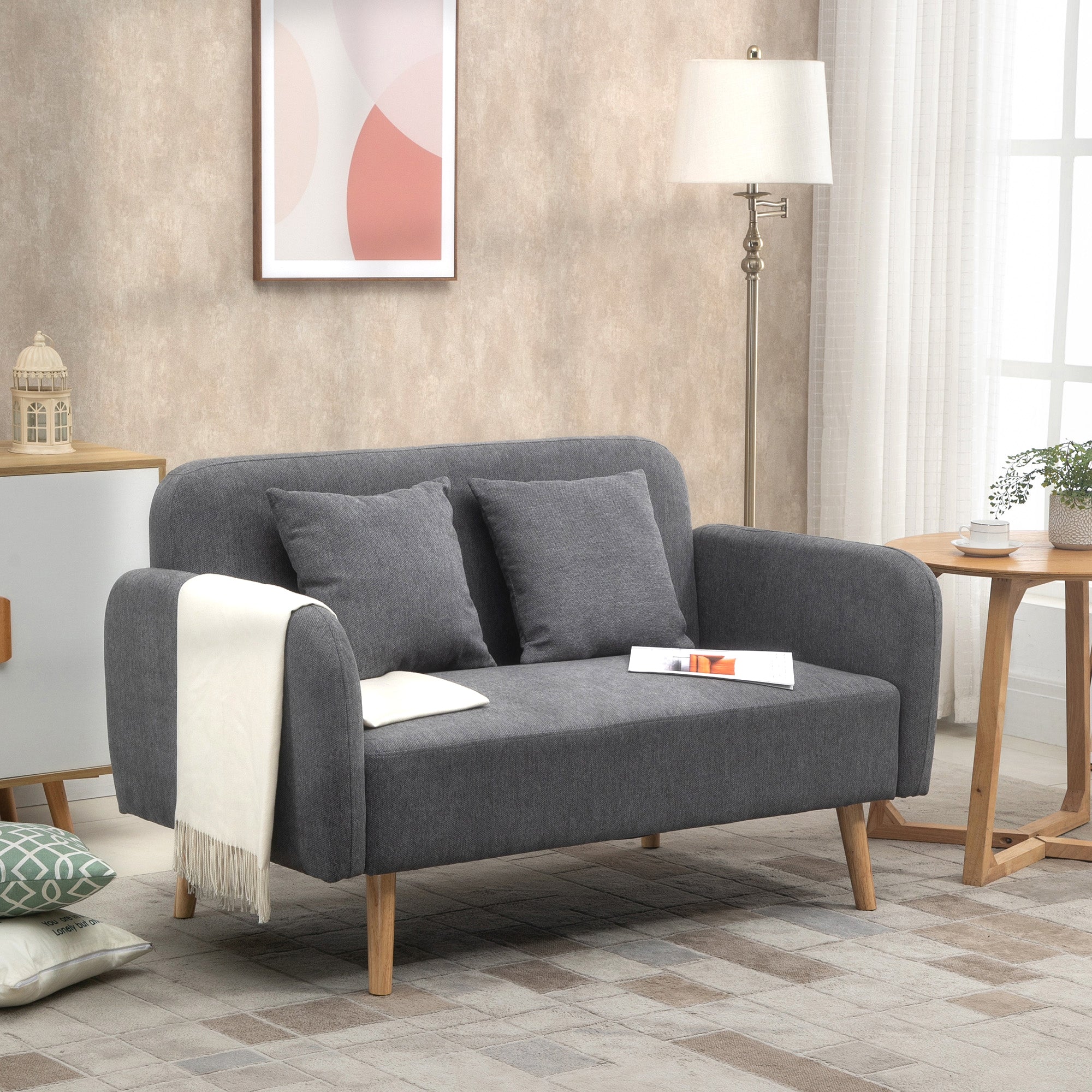 HOMCOM 2 Seater Sofa, Modern Fabric Loveseat Sofa, Small Couch with 2 Pillows, Armrest and Wood Legs for Living Room, Bedroom, Home Office, Grey - North Peak Garden Furniture