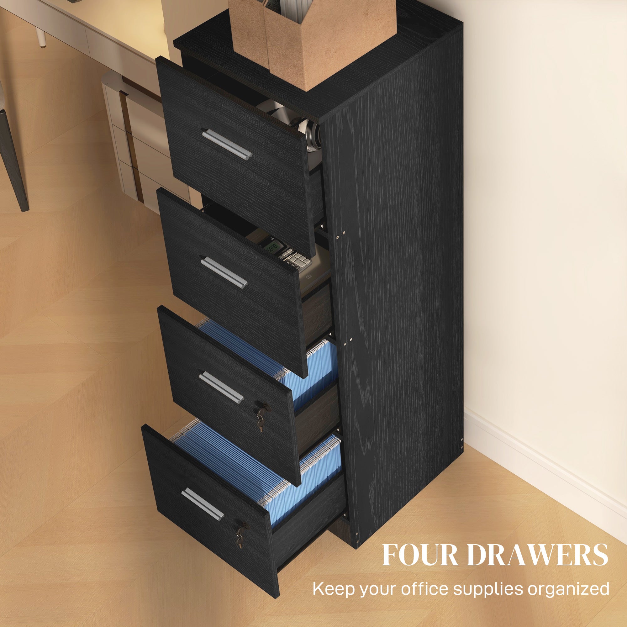 HOMCOM Four-Drawer Lockable Filing Cabinet - Black Wood Effect - North Peak Garden Furniture