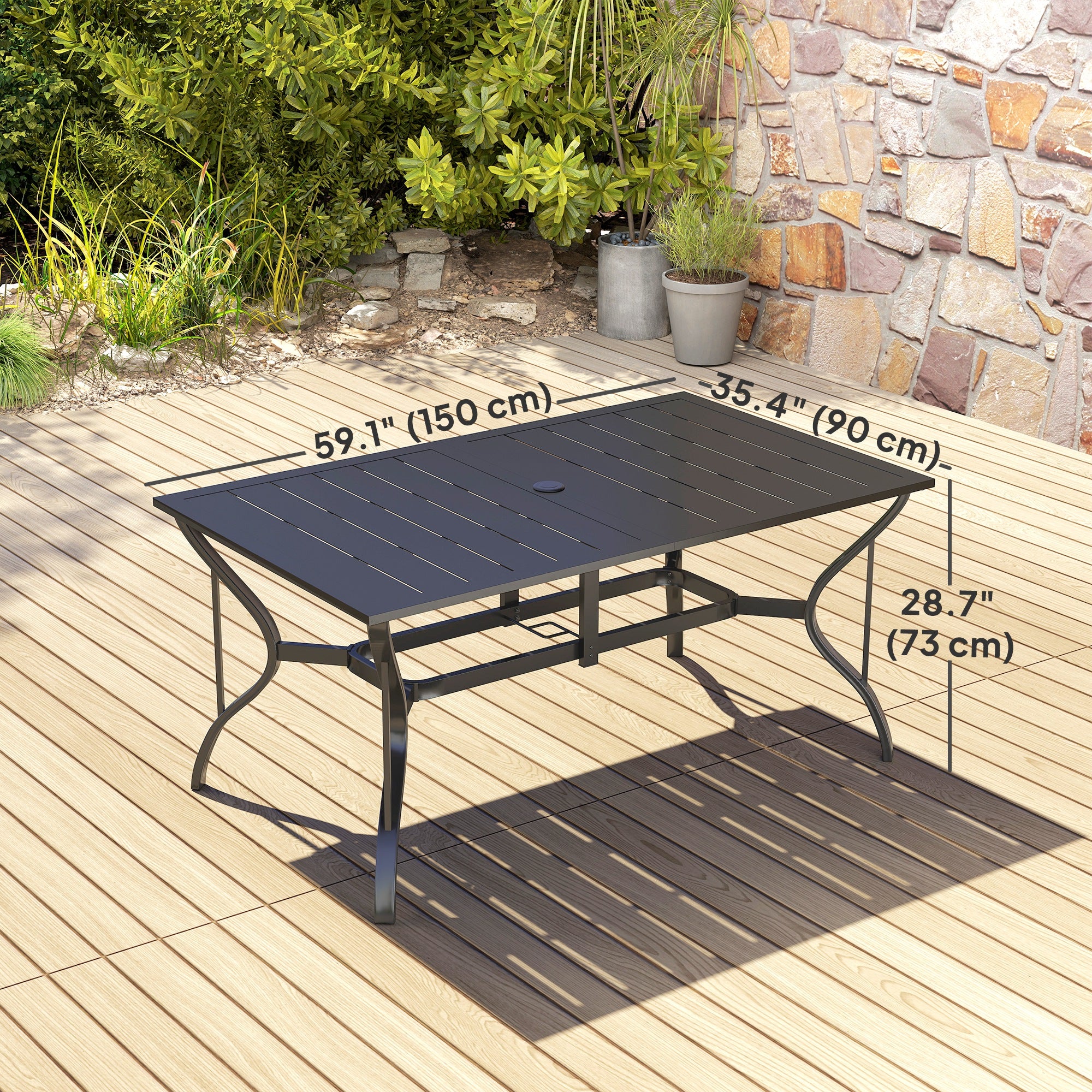 Outsunny Rectangle Garden Dining Table with Parasol Hole, Patio Table with Steel Frame and Slat Tabletop, 150cm x 90cm, Black - North Peak Garden Furniture