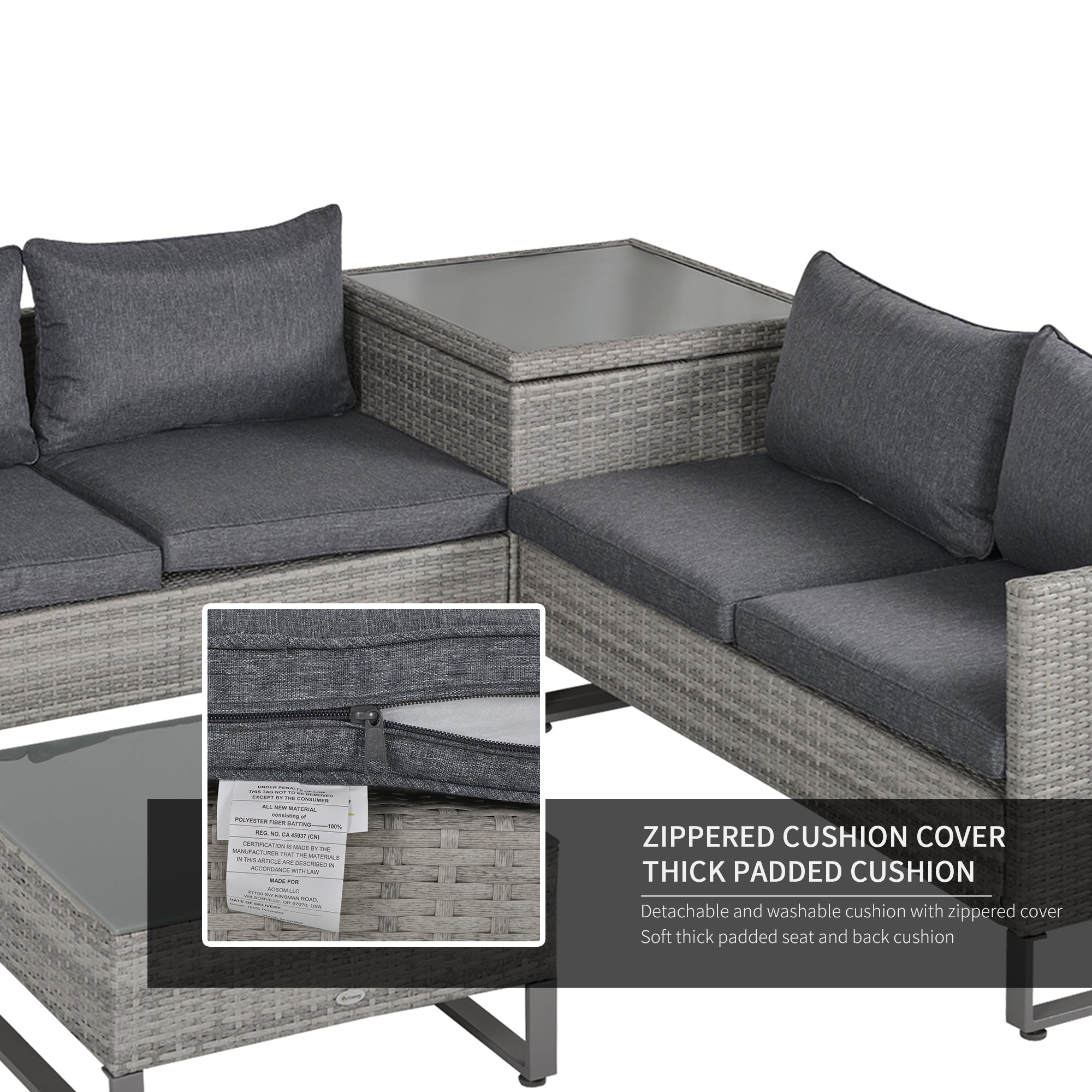 Outsunny 4 PCs PE Rattan Wicker Sofa Set Outdoor Conservatory Furniture Lawn Patio Coffee Table w/ Side Storage Box & Cushion, Grey - North Peak Garden Furniture