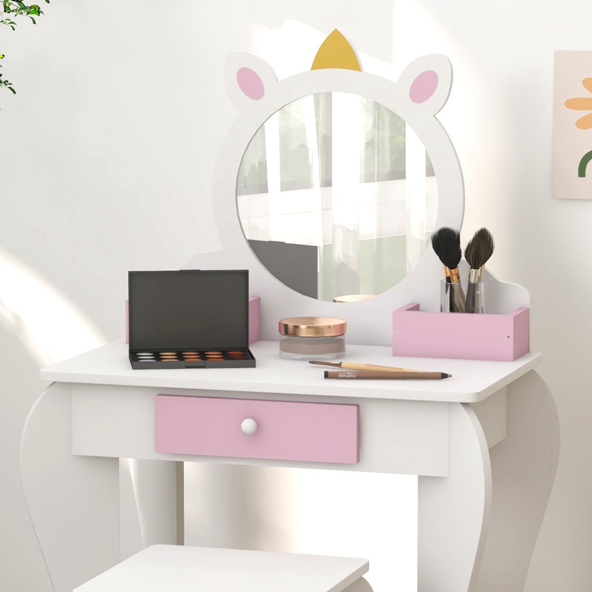 ZONEKIZ Kids Bedroom Furniture Set with Kids Dressing Table with Mirror and Stool, Toddler Bed Frame for 3-6 Years, Unicorn Design - North Peak Garden Furniture