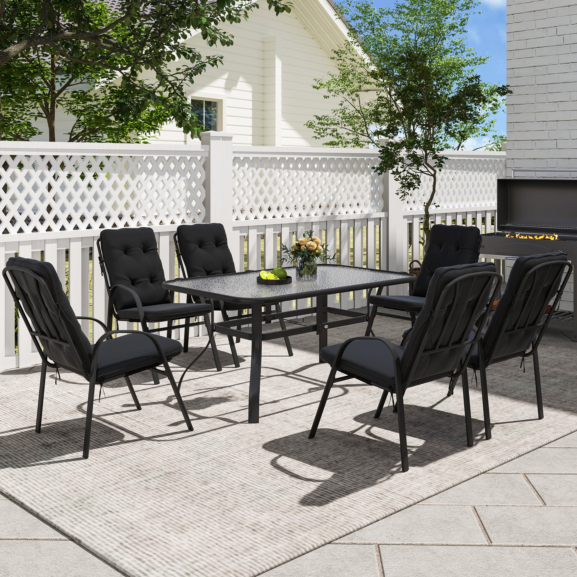Outsunny Seven-Piece Garden Dining Set with Cushions - Black - North Peak Garden Furniture