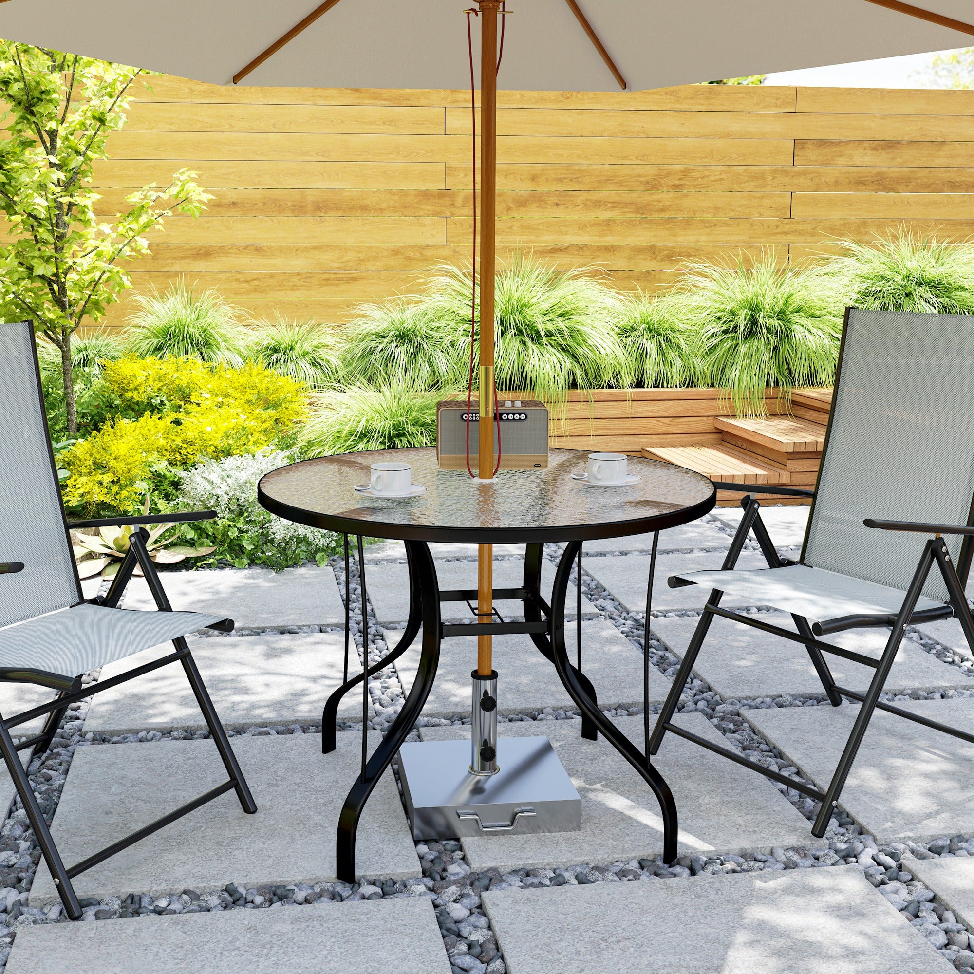 Outsunny Tempered Glass Top Round Outdoor Dining Table with Parasol Hole, 96.5 x 96.5 x 71 cm - North Peak Garden Furniture