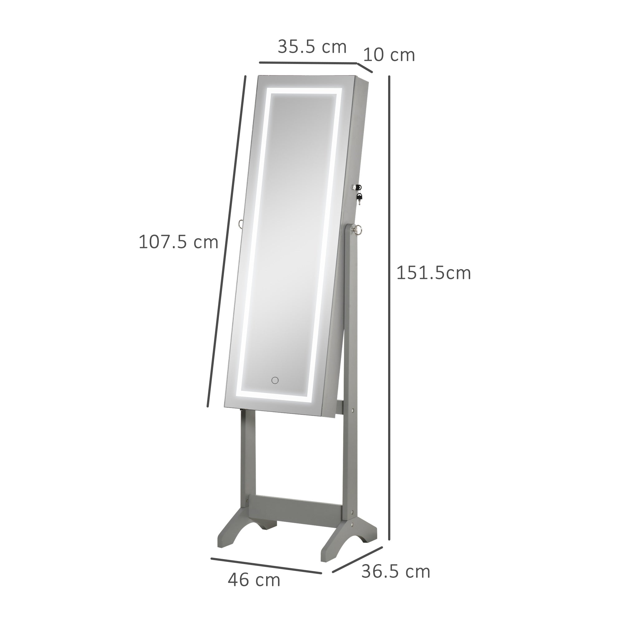 HOMCOM Jewellery Cabinet with LED Light, Lockable Jewellery Organiser with Full-Length Mirror for Bedroom Dressing Room, Grey - North Peak Garden Furniture