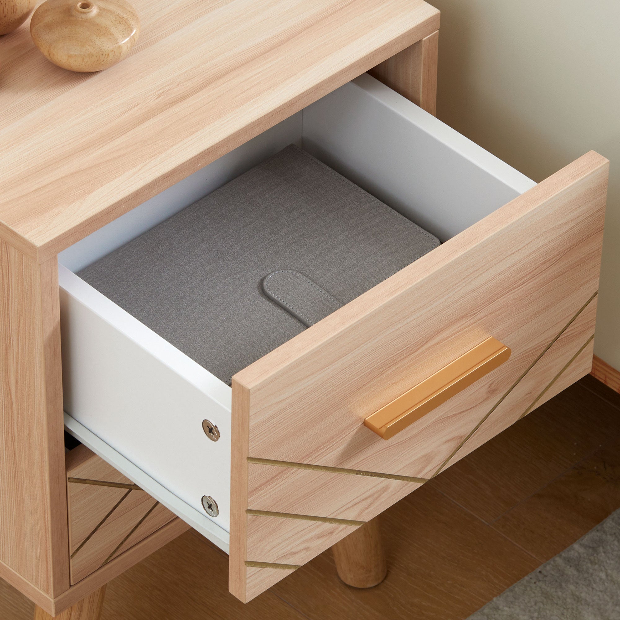 HOMCOM Bedside Cabinet, Scandinavian Bedside Table with Drawers, Bed Side Table with Wood Legs, Natural - North Peak Garden Furniture