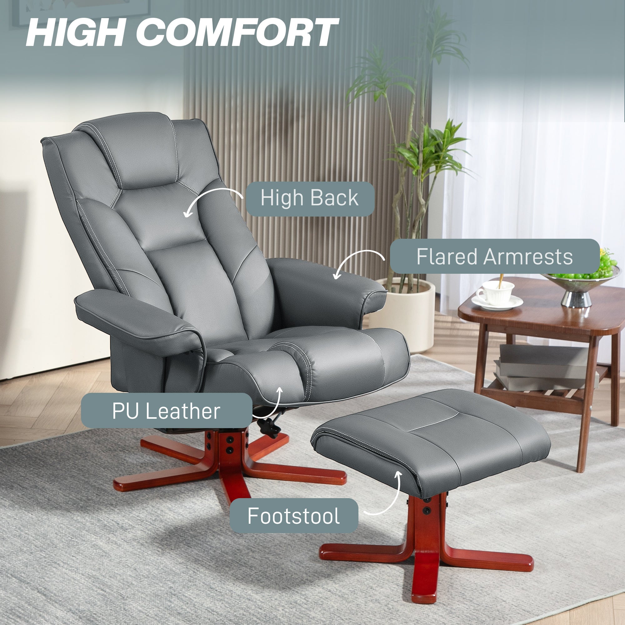 HOMCOM Faux Leather Manual Recliner and Footstool Set - Grey - North Peak Garden Furniture