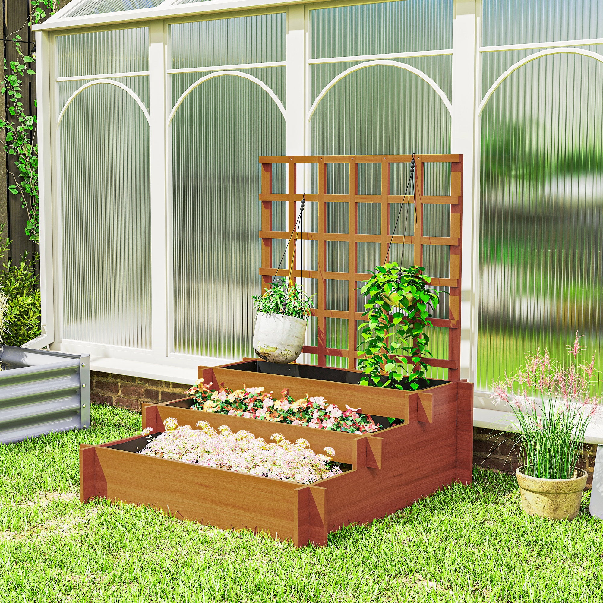 Outsunny 3 Tier Garden Planters with Trellis for Vine Climbing, Wooden Raised Beds, 95x95x110cm, Brown