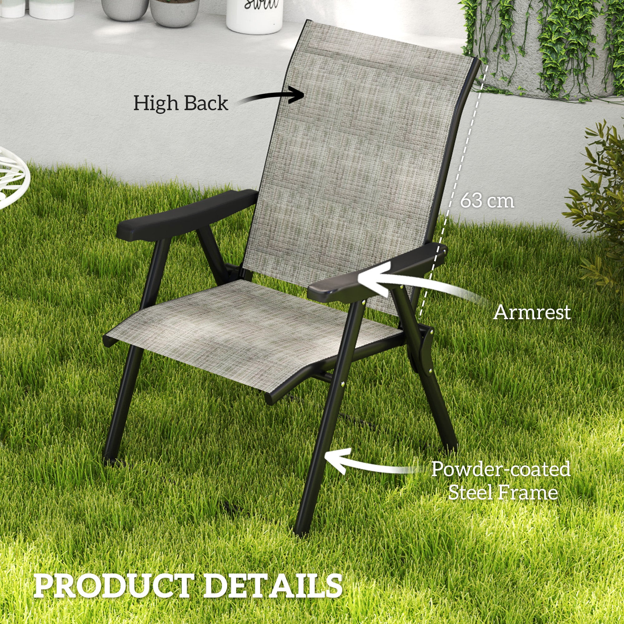 Outsunny Set of Two Folding Outdoor Chairs - Black/Grey - North Peak Garden Furniture