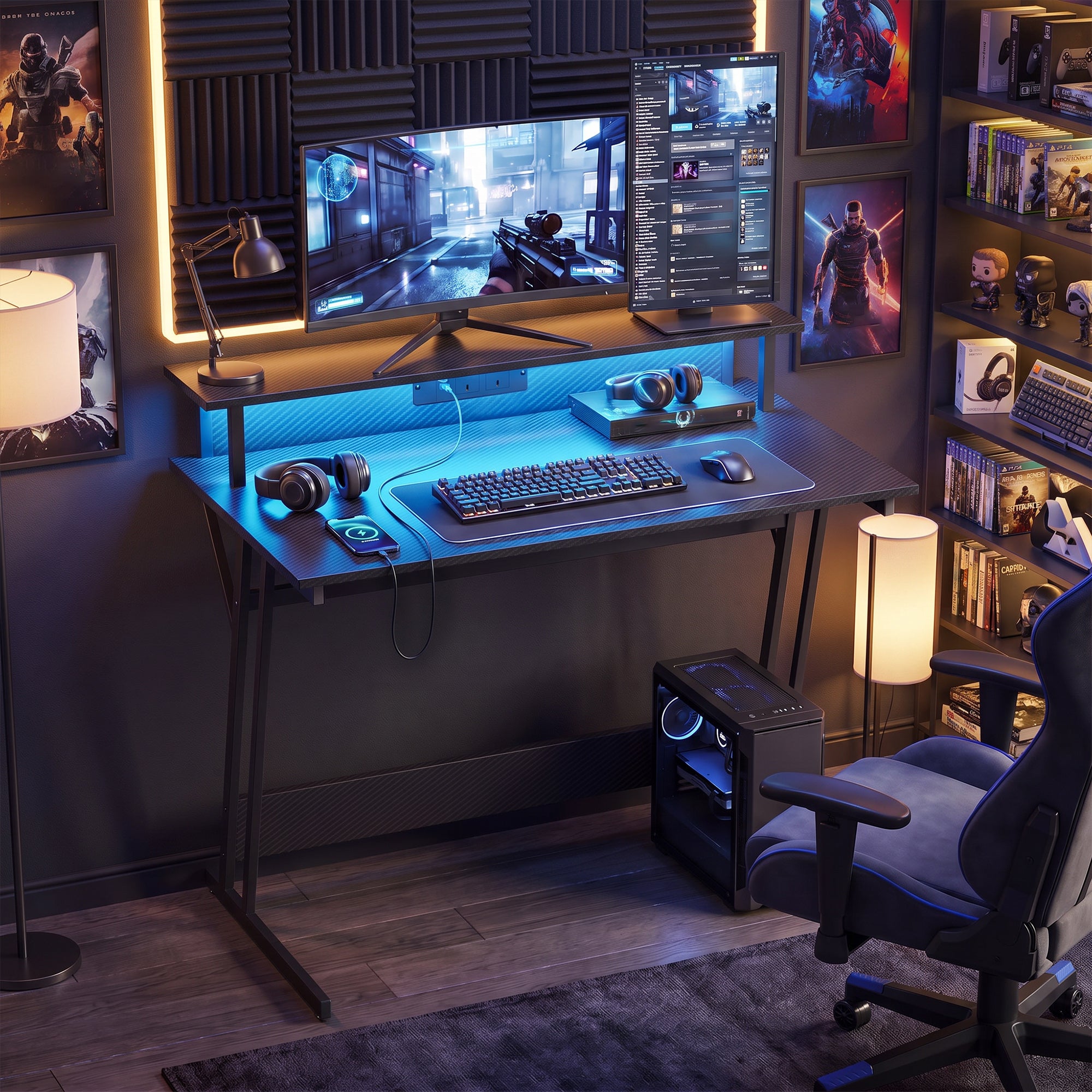 HOMCOM Two-Level LED Gaming Desk - Black