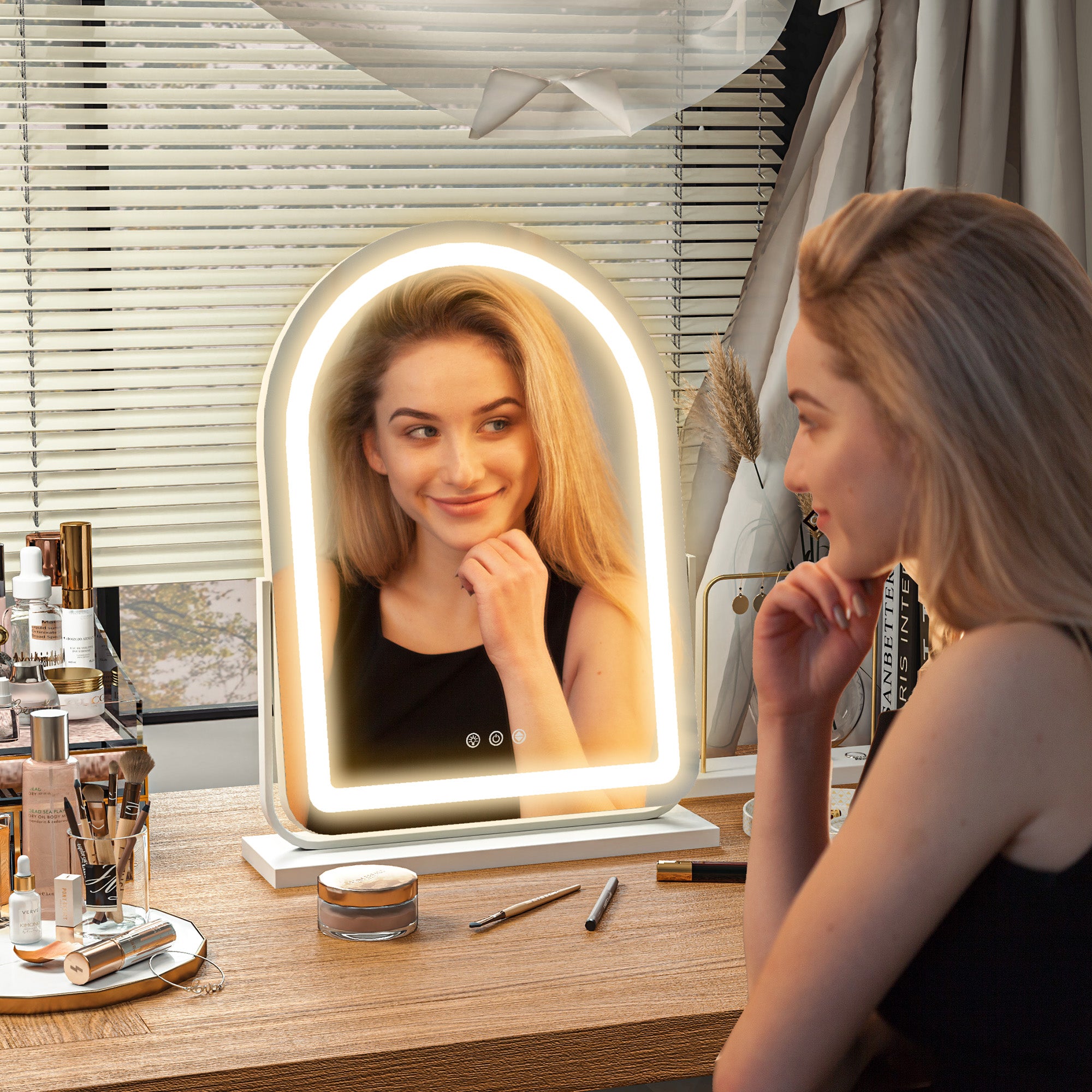 HOMCOM LED Vanity Mirror with Lights, 43 x 59cm Lighted Makeup Mirror with 3 Colour, 360° Rotation, Touch Screen, for Bedroom and Dressing Room, White - North Peak Garden Furniture