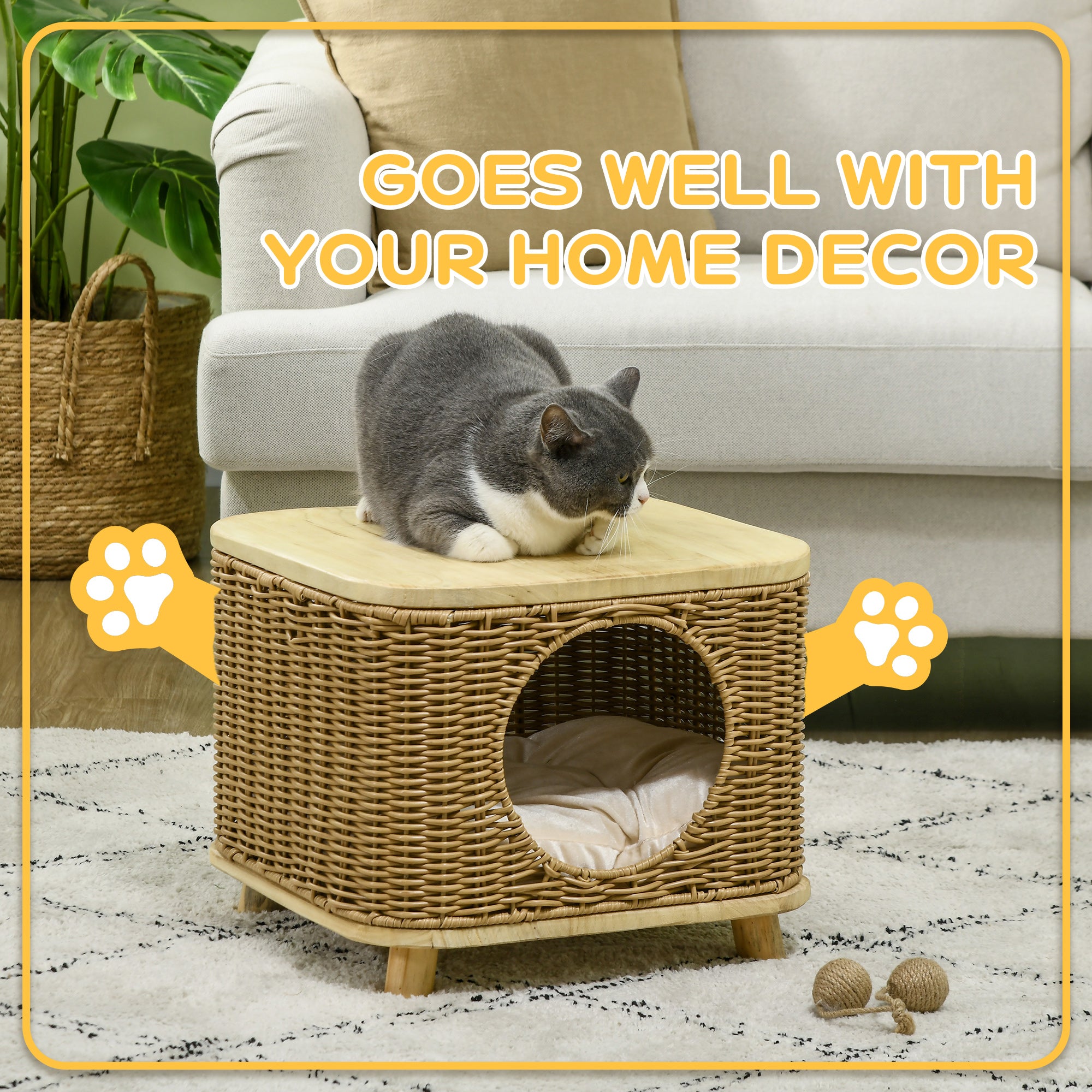 PawHut Elevated Design Wicker Cat House with Washable Cushion, Light Brown - North Peak Garden Furniture