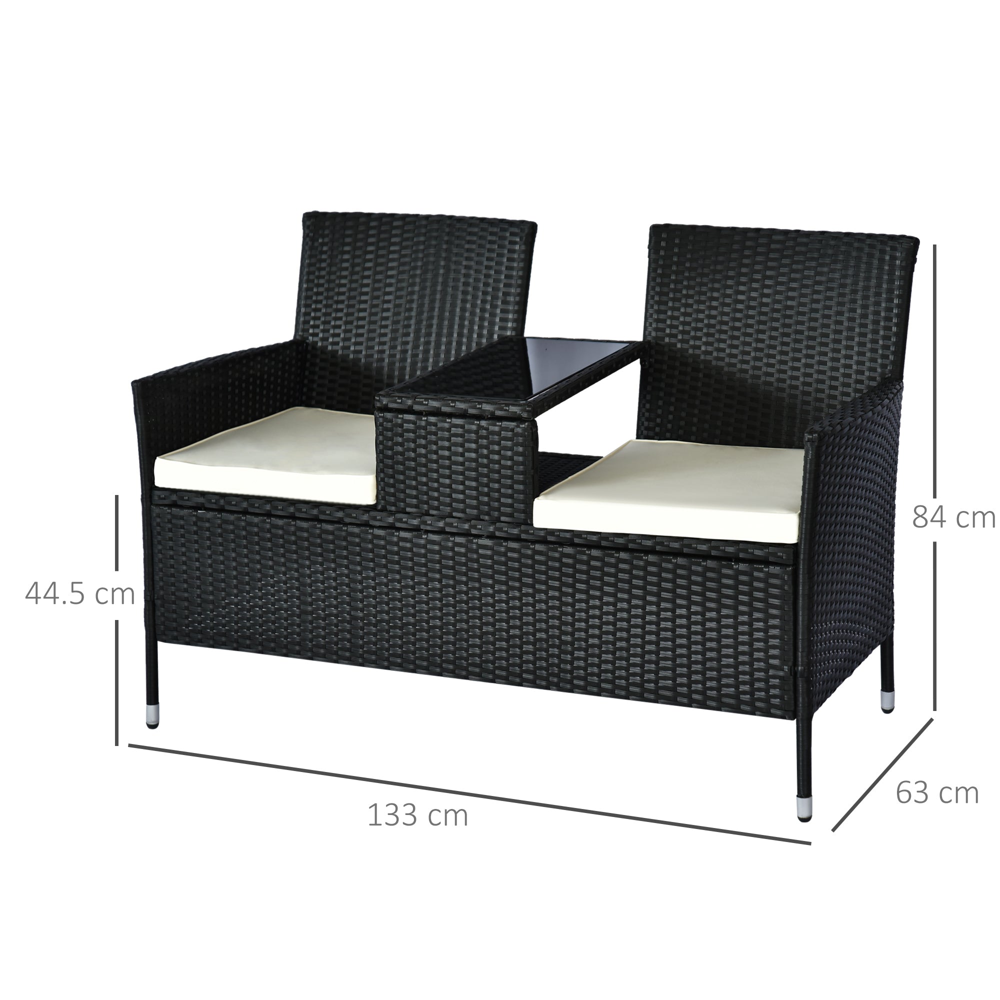 Outsunny 2 Seater Rattan Campanion Chair Wicker Loveseat Outdoor Patio Armchair with Drink Table Garden Furniture - Black - North Peak Garden Furniture
