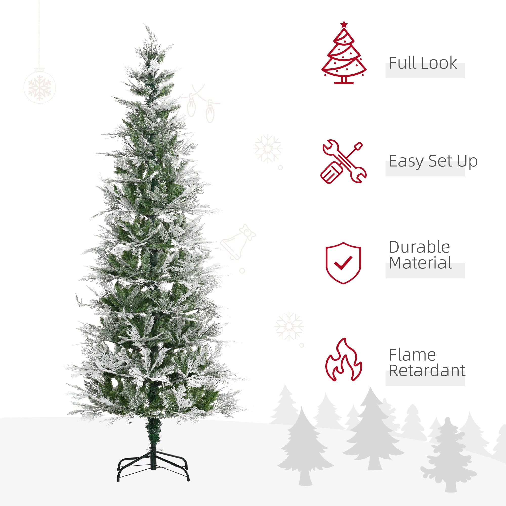 HOMCOM 7 Ft Pencil Snow Flocked Artificial Christmas Tree with Realistic Cypress Branches, Auto Open, Green - North Peak Garden Furniture