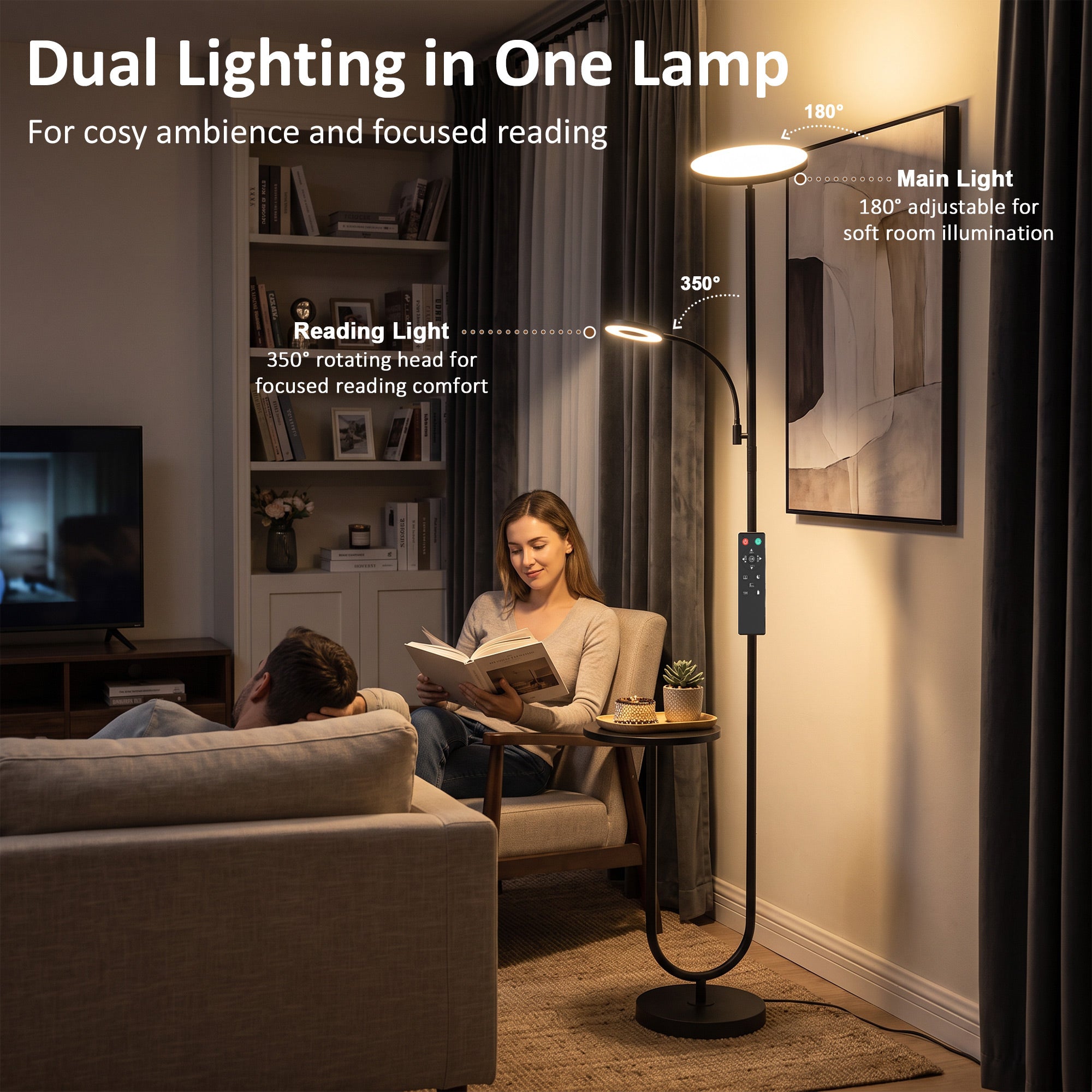 HOMCOM Uplighter Floor Lamp with Table and Reading Light, Dual Light Dimmable Standing Lamp with Remote & 4 Colour Temperatures