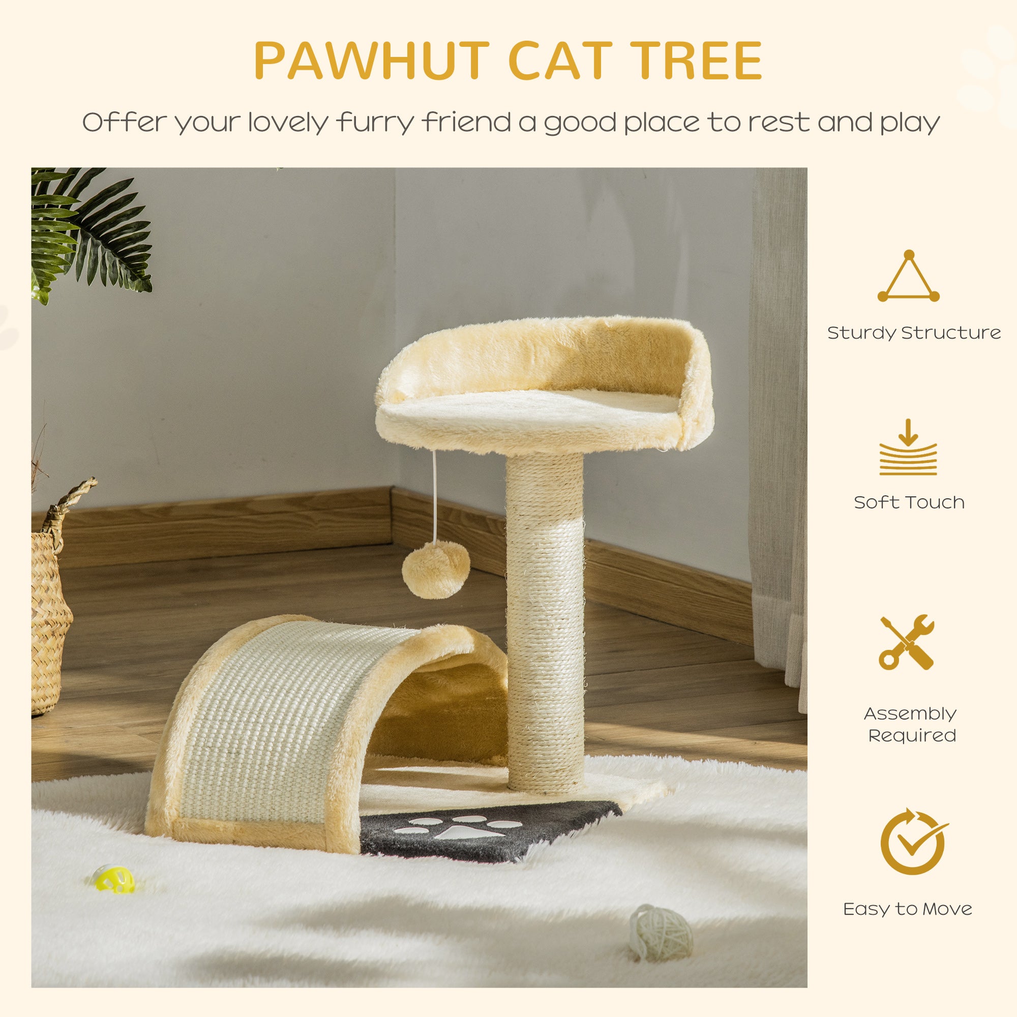 PawHut Cat Tree Scratching Scratcher Post Kitten Activity Centre Climber Hanging Ball Beige - North Peak Garden Furniture