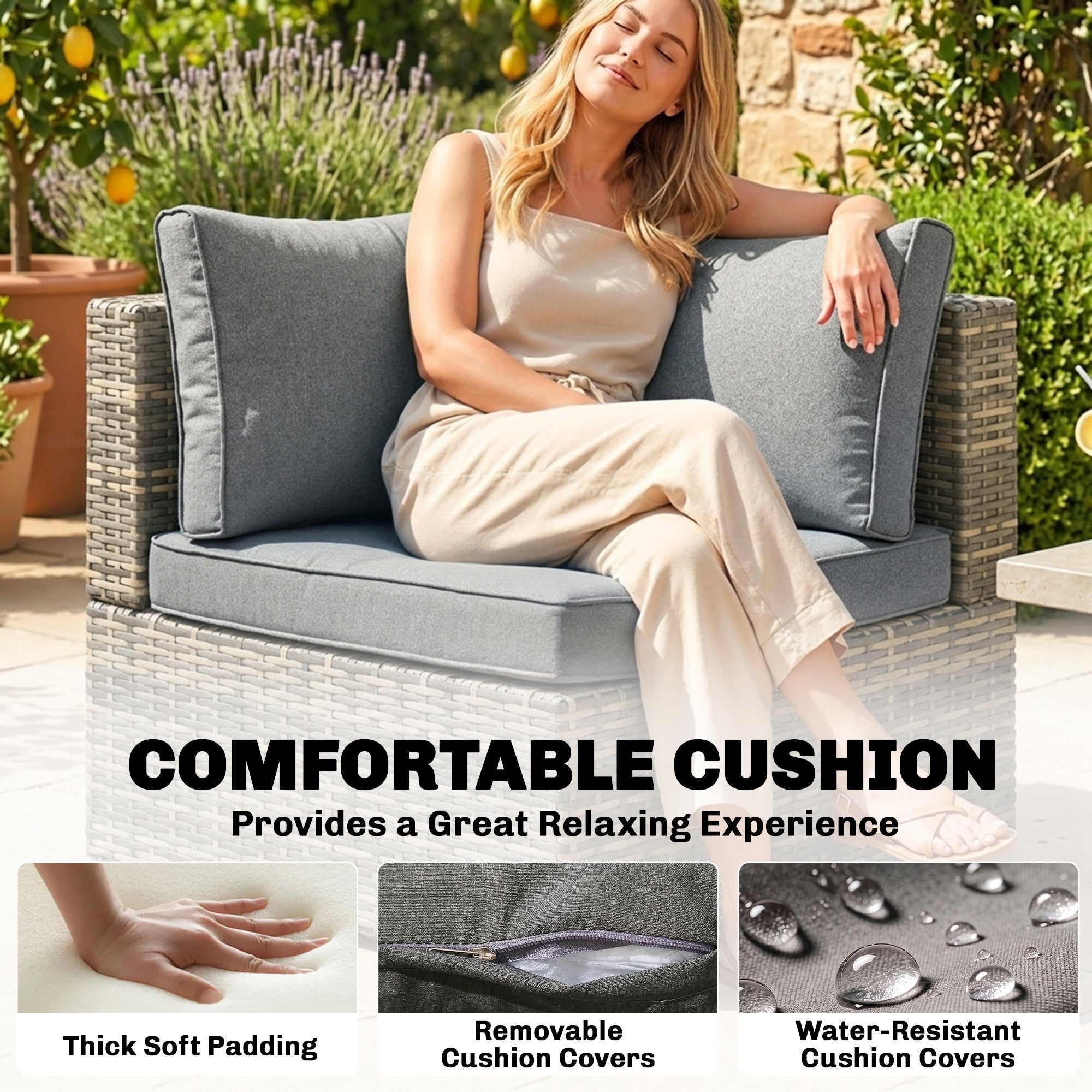 Outsunny Outdoor PE Rattan Corner Sofa, Garden Wicker Furniture Single Sofa Chair w/ Cushions, Light Grey
