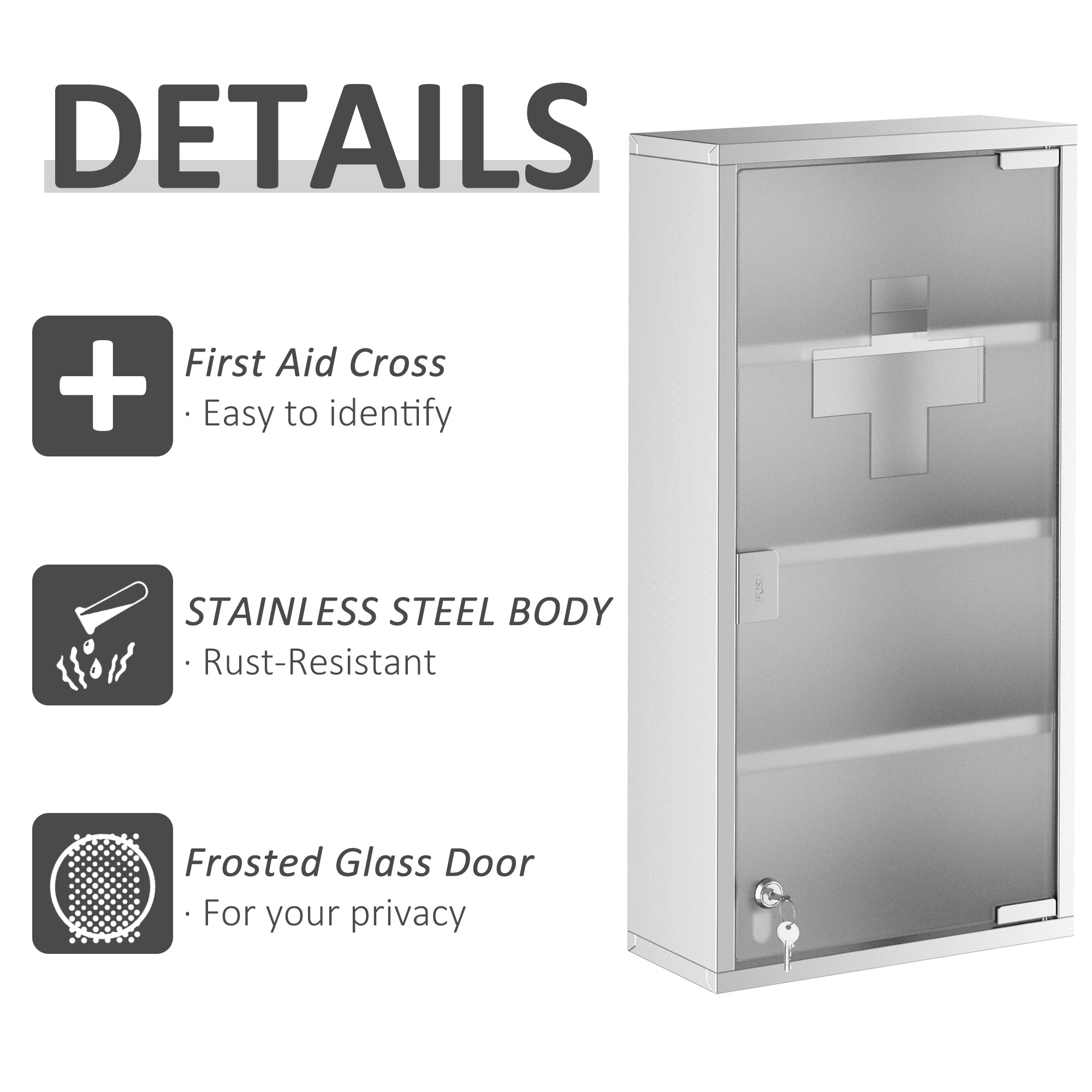 HOMCOM 4 Tier Stainless Steel Wall Mounted Medicine Cabinet Glass Lockable Door Storage Shelves Houseware Bathroom Furniture 60Hx30Wx12D(cm) w/2 Keys - North Peak Garden Furniture