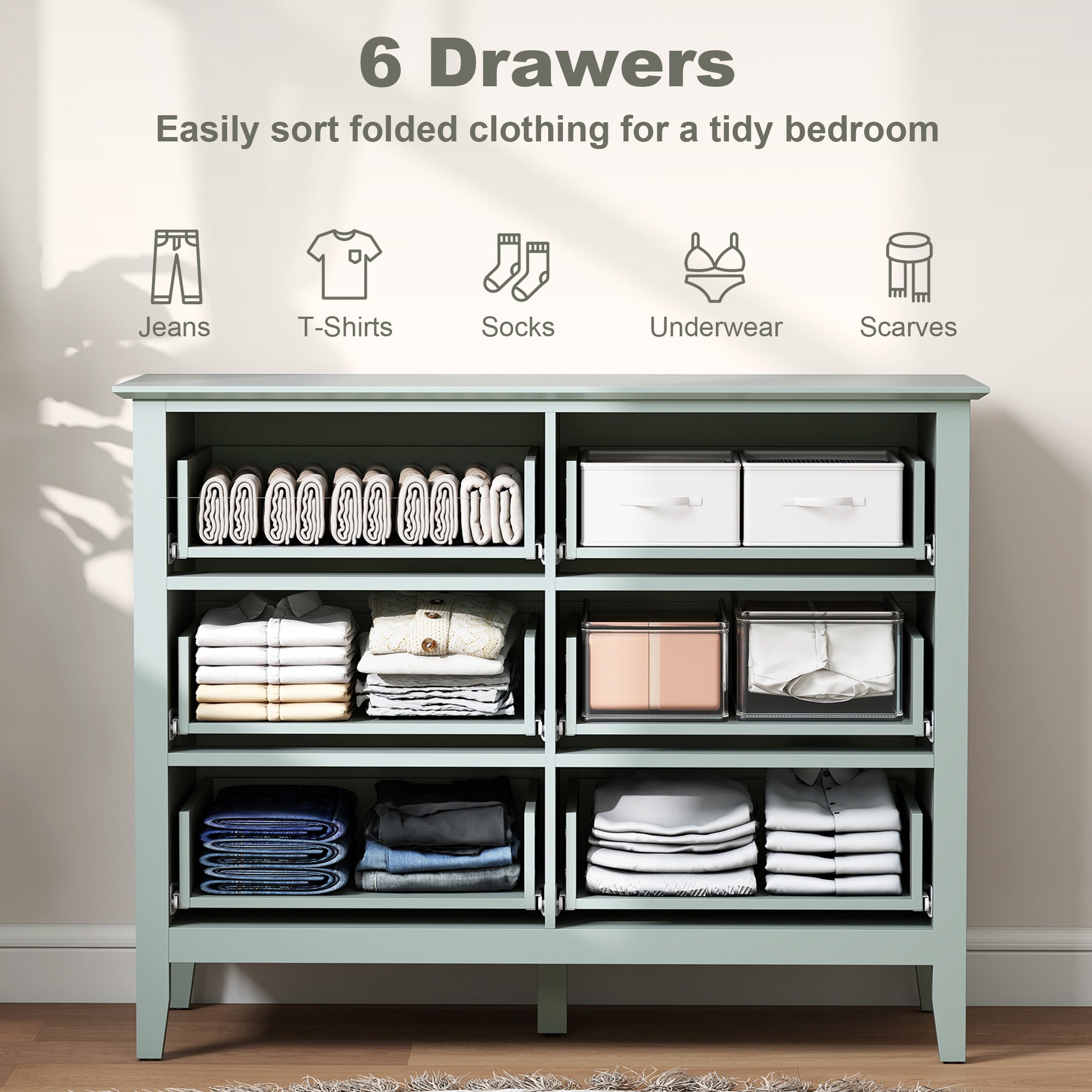 HOMCOM Fluted Dresser, 6 Drawer Chest of Drawers for Bedroom, Living Room, Hallway, Closet, Green