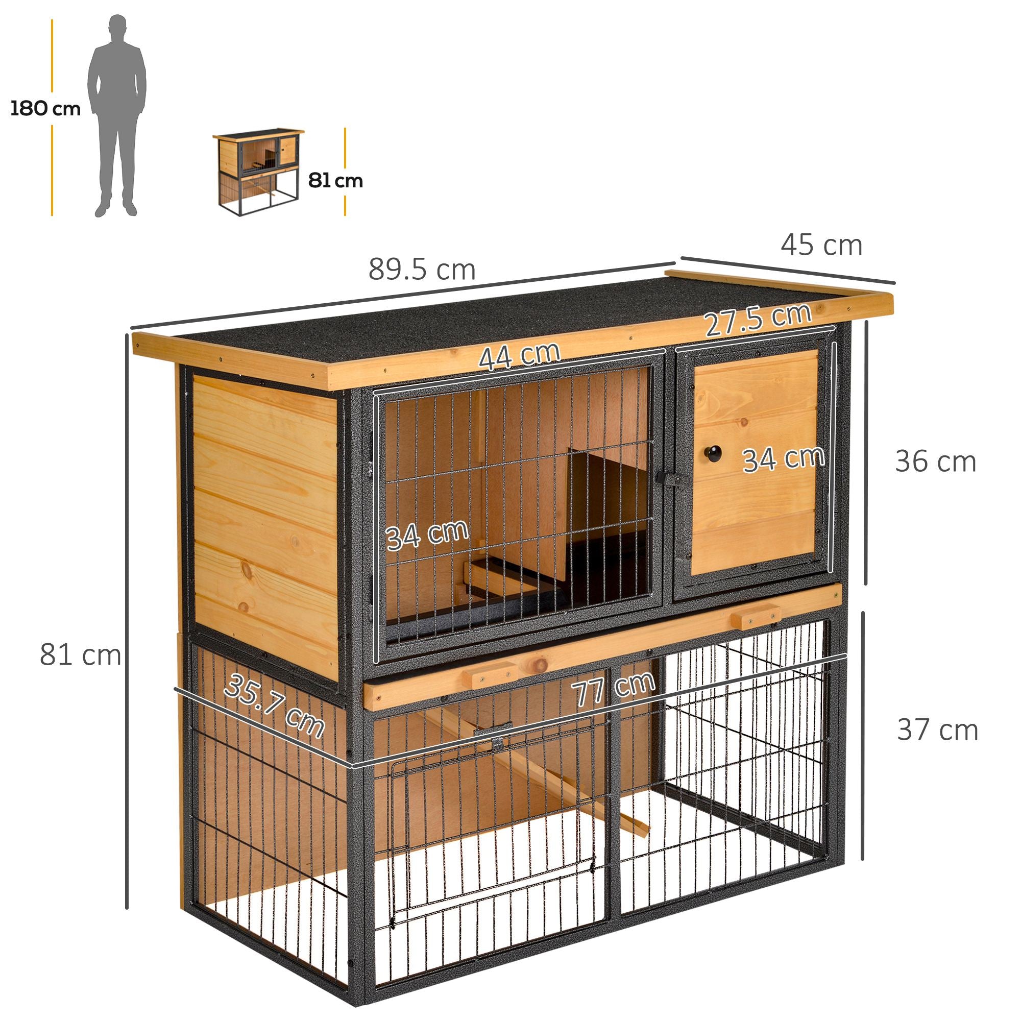 PawHut Guinea Pig Hutch Rabbit Hutch Wood-metal Elevated Pet House Bunny Cage with No-Leak Tray Ramp Openable Roof Outdoor 89.5 x 45 x 81cm Light Yellow - North Peak Garden Furniture