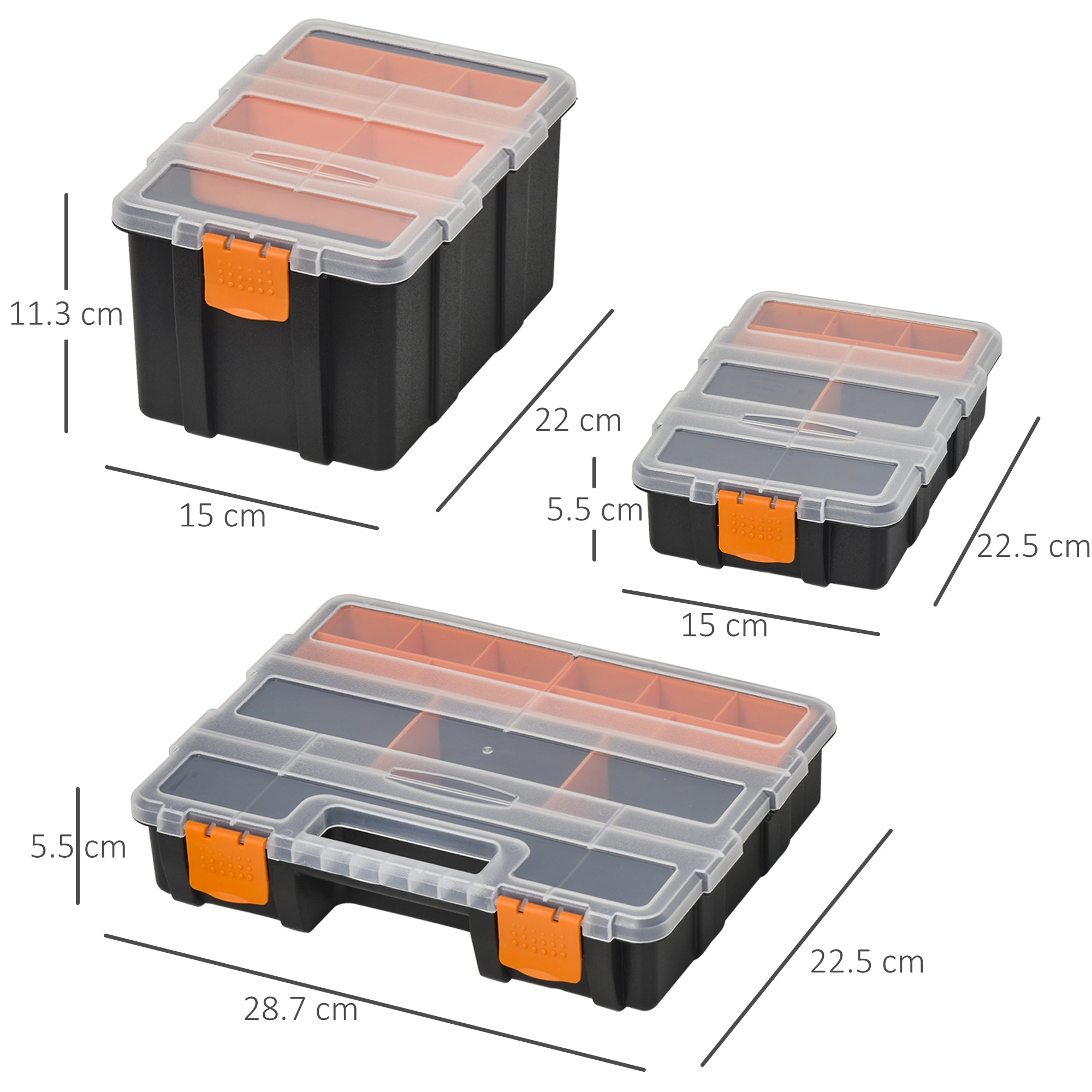 DURHAND Set Of 4 Plastic DIY Tool Storage Boxes w/ Inside Dividers Locking Lids Home Garage Organisation Stacking Arts Crafts Bolts Black Orange - North Peak Garden Furniture