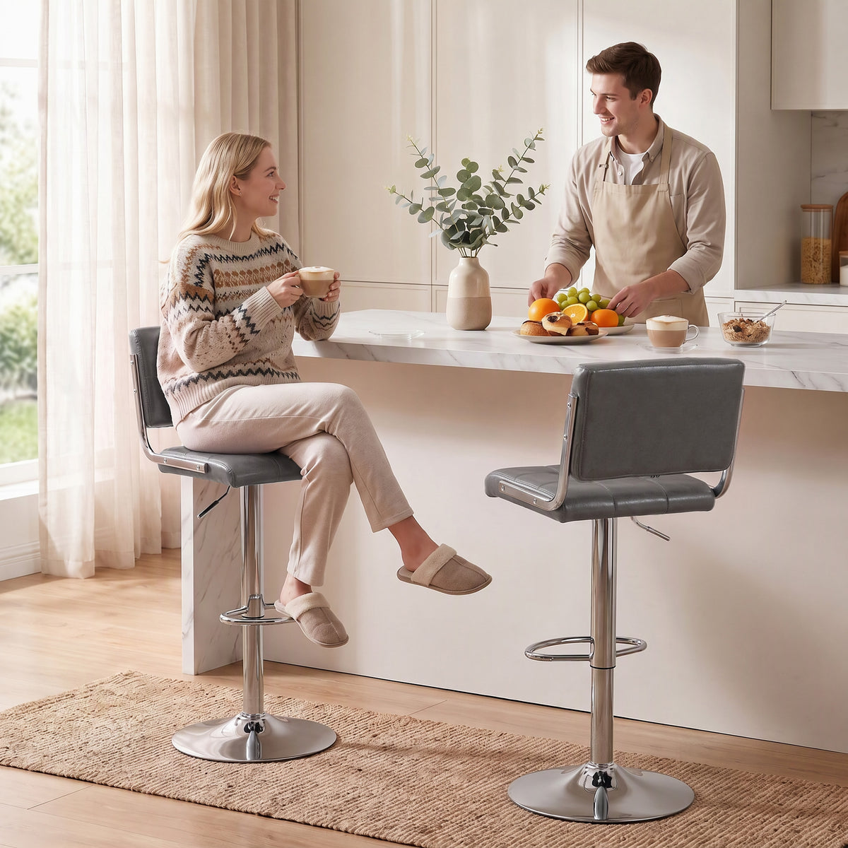 HOMCOM Bar Stools Modern PU Leather Adjustable Breakfast Bar Stools Backrest Set of 2 Grey
