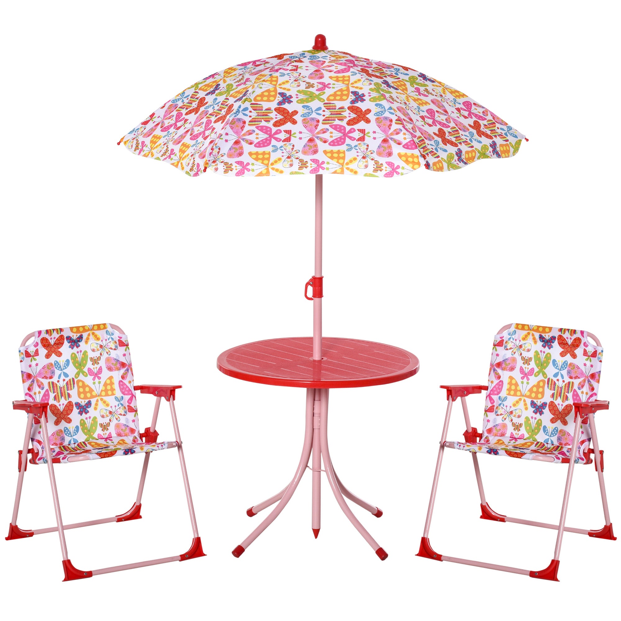 Outsunny Kids Outdoor Bistro Table and Chair Set Butterfly Pattern Garden Patio Backyard with Removable & Height Adjustable Parasol