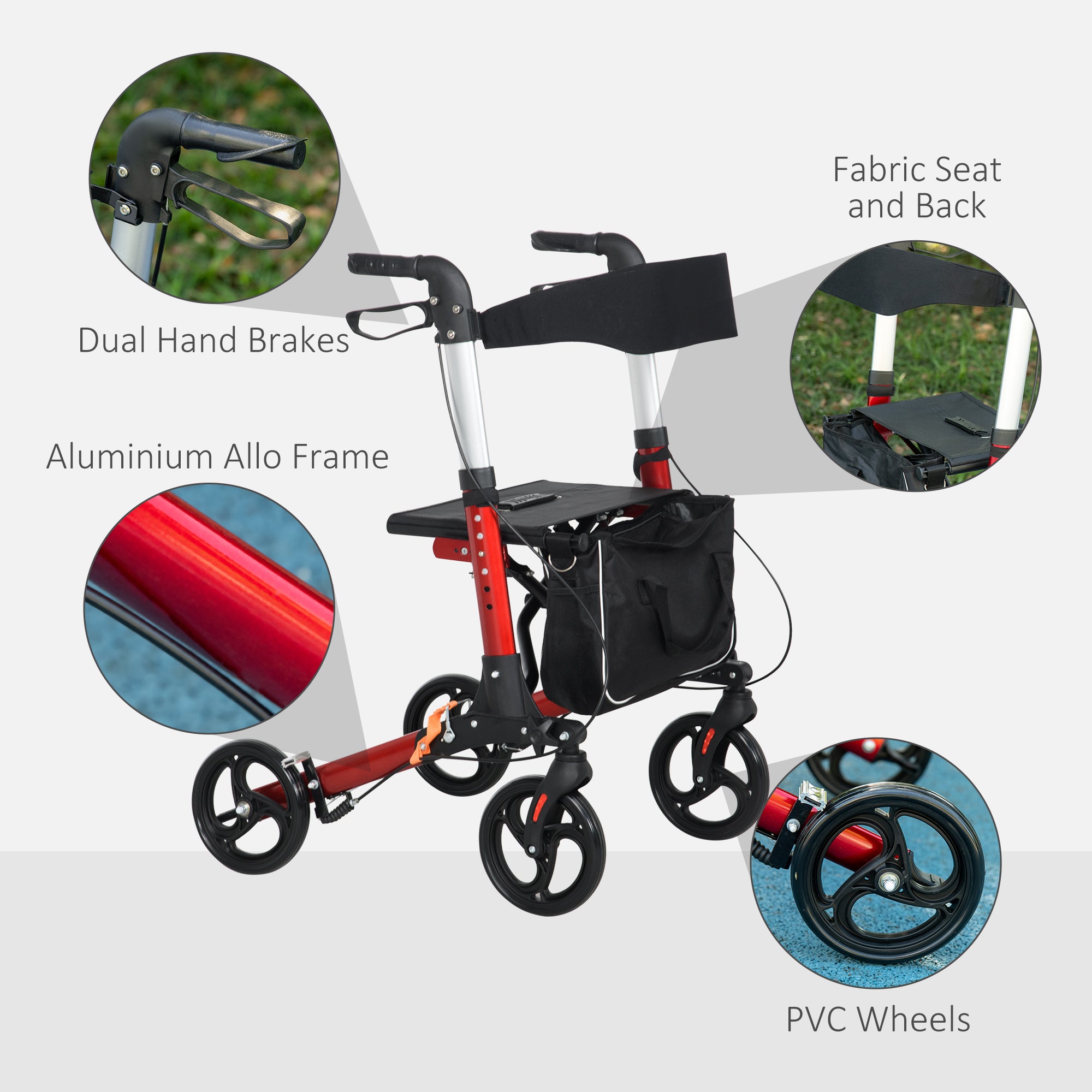 HOMCOM Folding Rollator Walker with Seat and Backrest, Lightweight Walking Frame with Detachable Storage Bag, Dual Brakes, Adjustable Handle Height, 4 Wheeled Walker for Seniors, Handicapped, Red