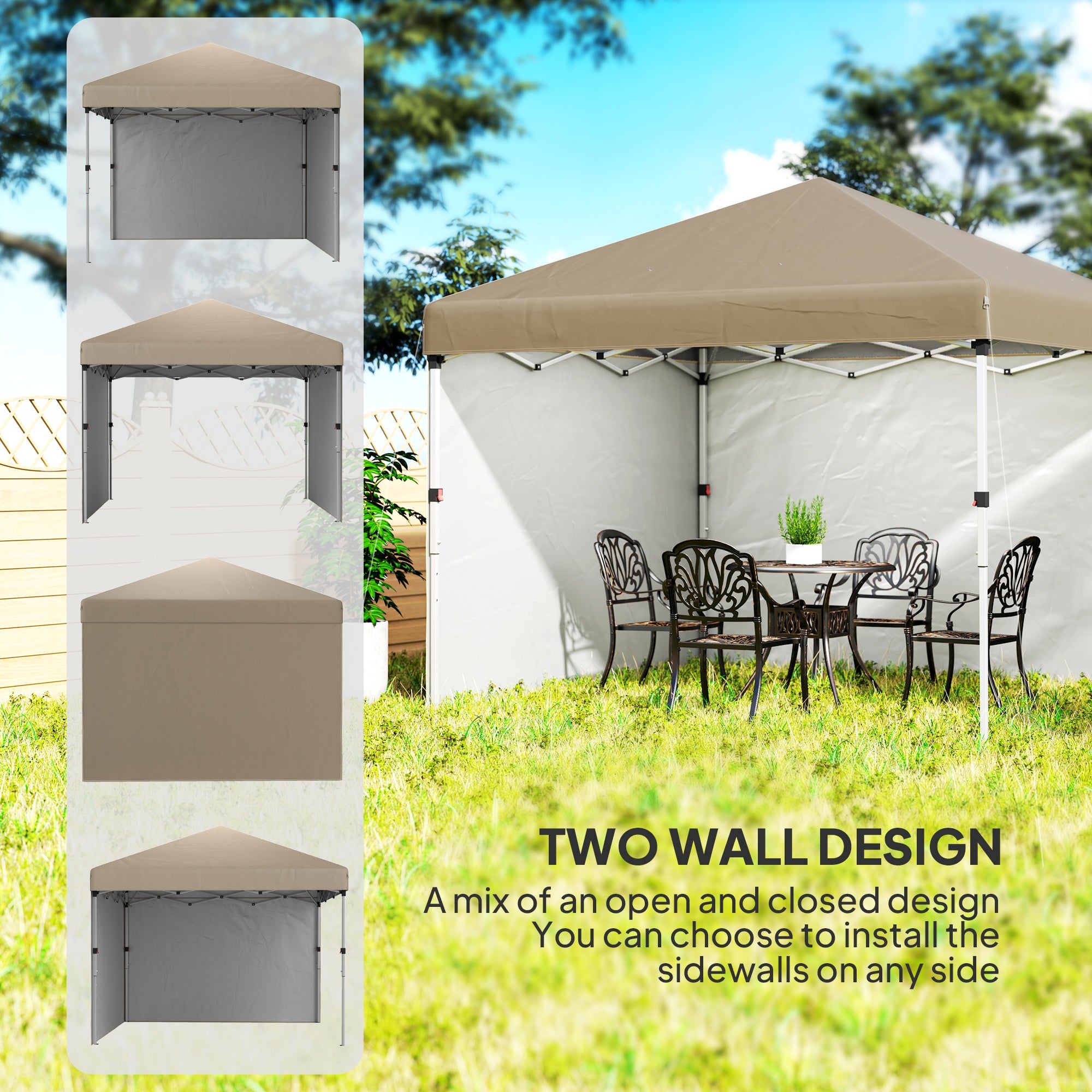 Outsunny 3 x 3 (M) Pop Up Gazebo, UPF 30+ with 2 Sidewalls, Leg Weight Bags and Wheeled Bag, Height Adjustable Party Tent Event Shelter for Garden, Patio, Khaki - North Peak Garden Furniture