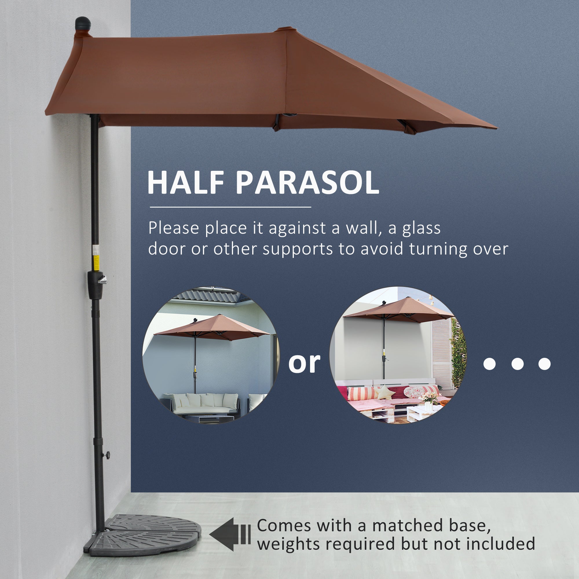 Outsunny 2m Half Parasol Market Umbrella Garden Balcony Parasol with Crank Handle, Base, Double-Sided Canopy, Coffee - North Peak Garden Furniture