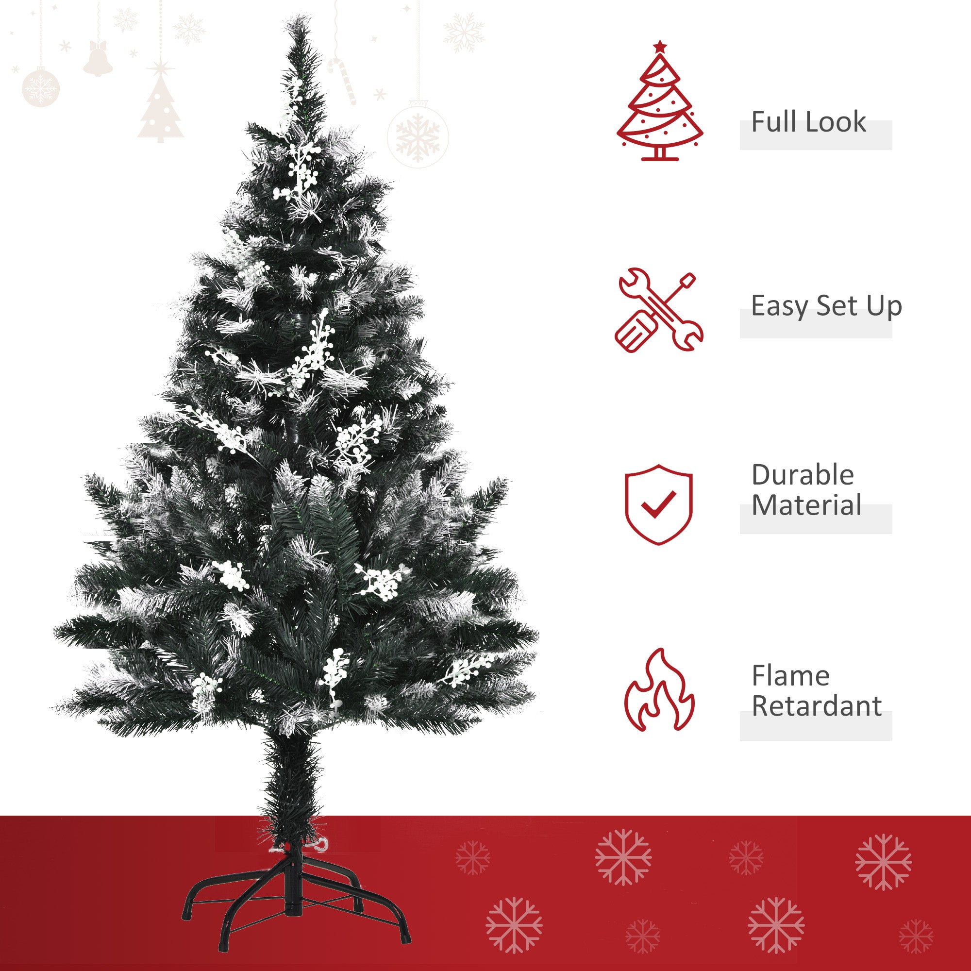 HOMCOM 4FT Artificial Snow-Dipped Christmas Tree Xmas | Home Home Indoor Decoration | Removable Stand w/ White Berries Star Topper Branch Green - North Peak Garden Furniture