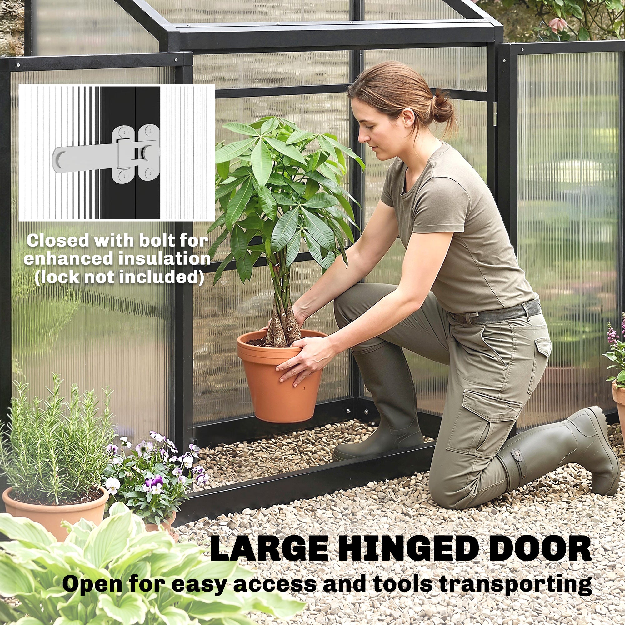 Outsunny 4 x 2ft Polycarbonate Greenhouse, Quick Setup, Lean-to Green House with 2 Hinged Doors, Top Vent, Black