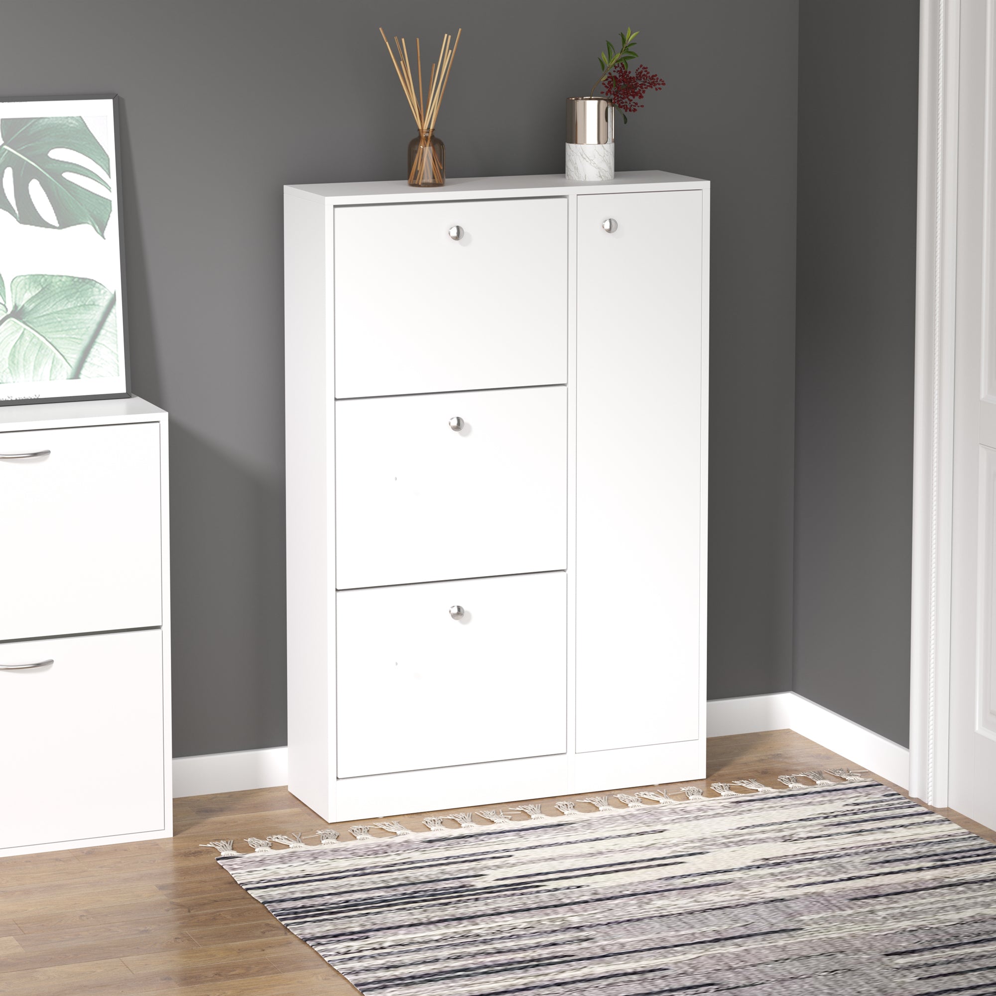 HOMCOM Shoe Cabinet with 3 Flip Drawers, Narrow Shoe Storage Cabinet with 5-tier Cupboard and Adjustable Dividers for Hallway, Entryway, White - North Peak Garden Furniture