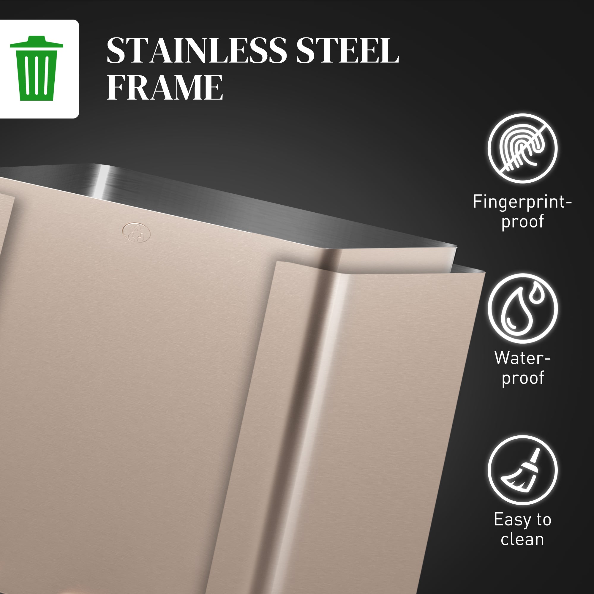 HOMCOM 45L Triple Compartment Stainless Steel Bin, with Deodoriser Holders - Gold Tone - North Peak Garden Furniture