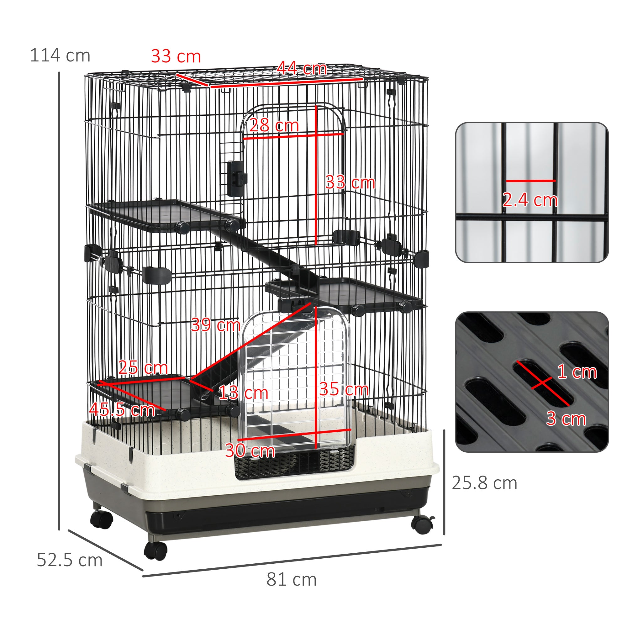 Pawhut 3 Tier Rolling Small Animal Rabbit Cage Chinchillas Hutch Pet Play House with Platform Ramp Removable Tray 81.2 x 52.7 x 110 cm