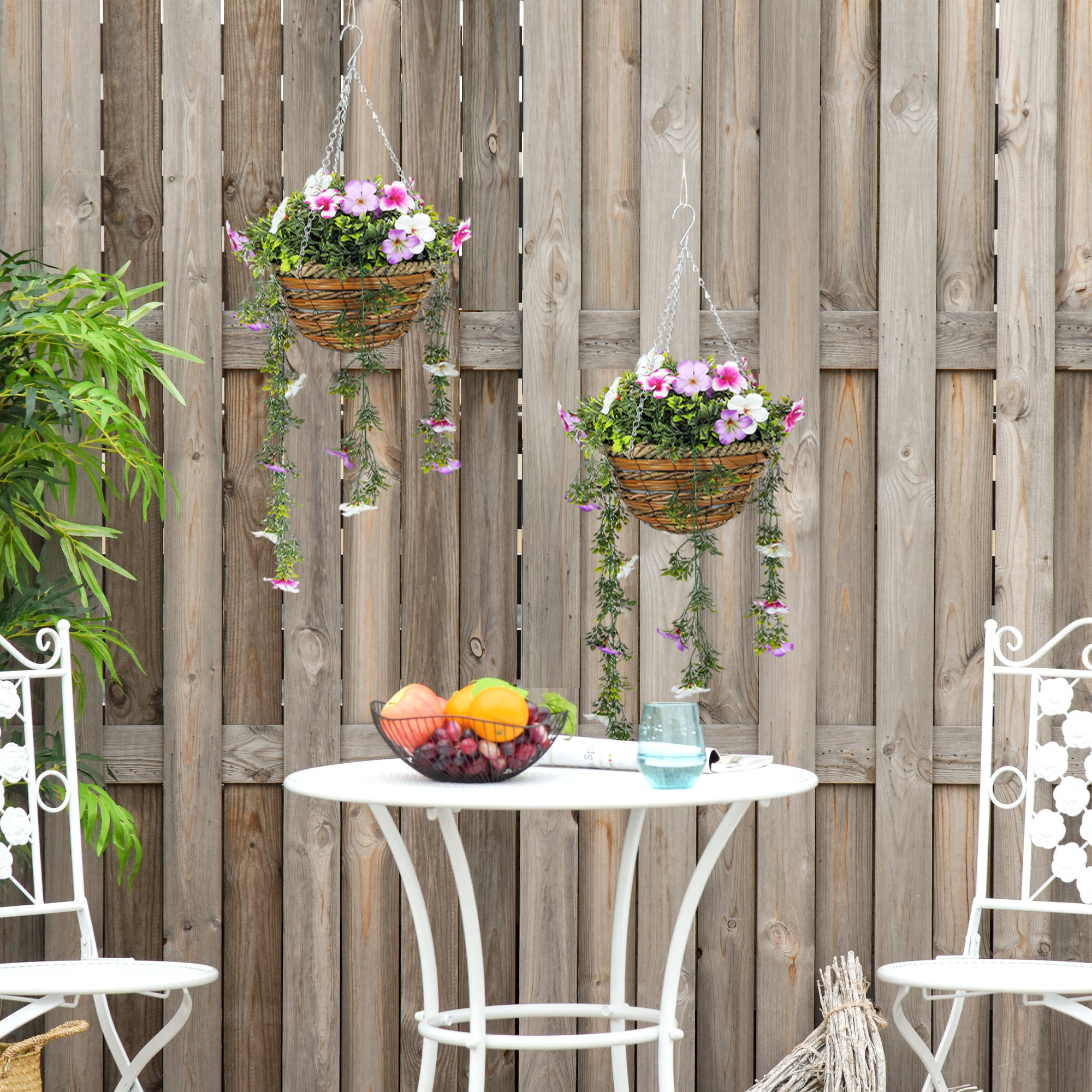 HOMCOM Set of 2 Decorative Artificial Plants, Faux Silk Azalea Flowers in Hanging Baskets, Fake Plants for Home Indoor Outdoor Decor, Pink and White - North Peak Garden Furniture