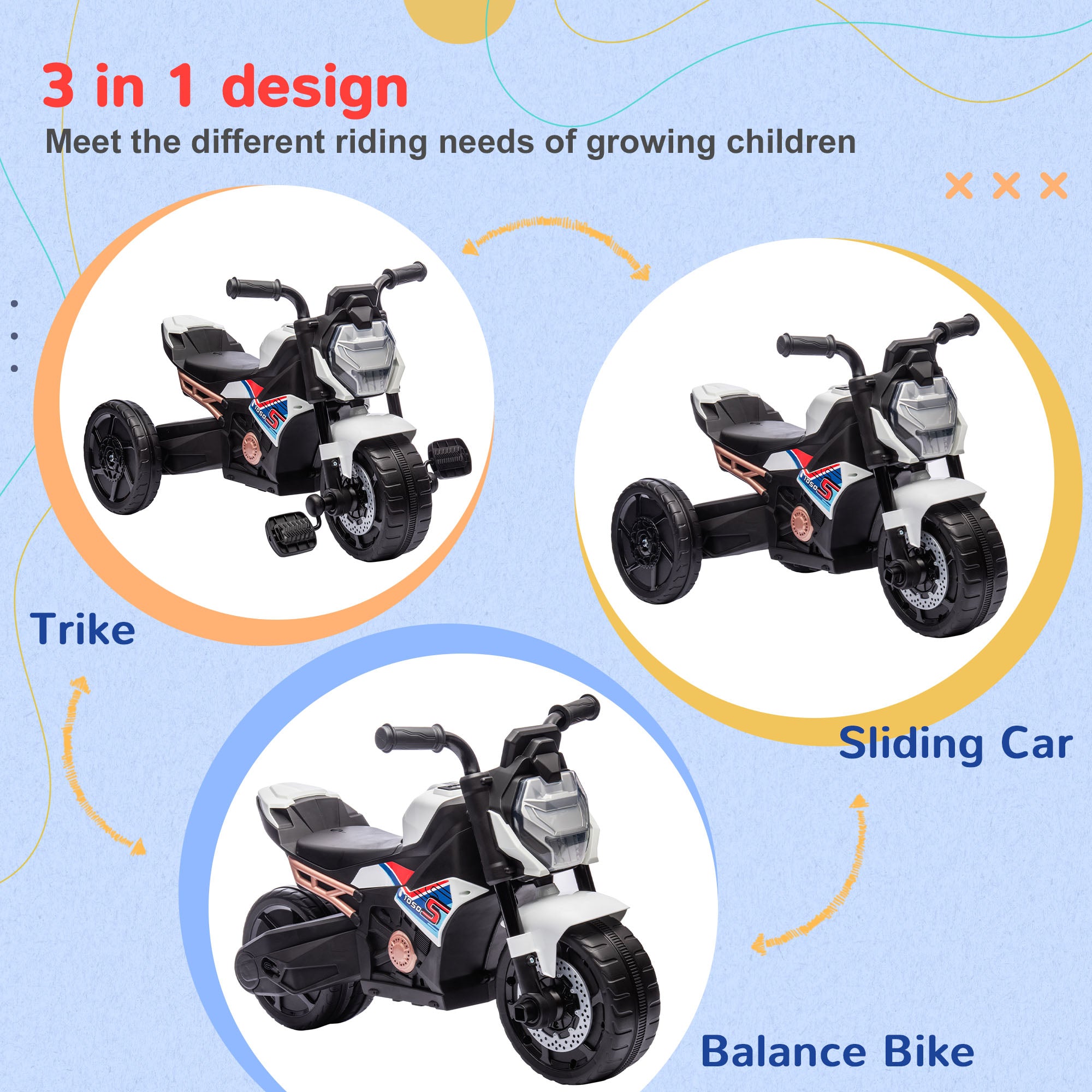 AIYAPLAY Motorcycle Design, 3 in 1 Toddler Trike, Sliding Car, Balance Bike with Headlight, Music, Horn, White - North Peak Garden Furniture