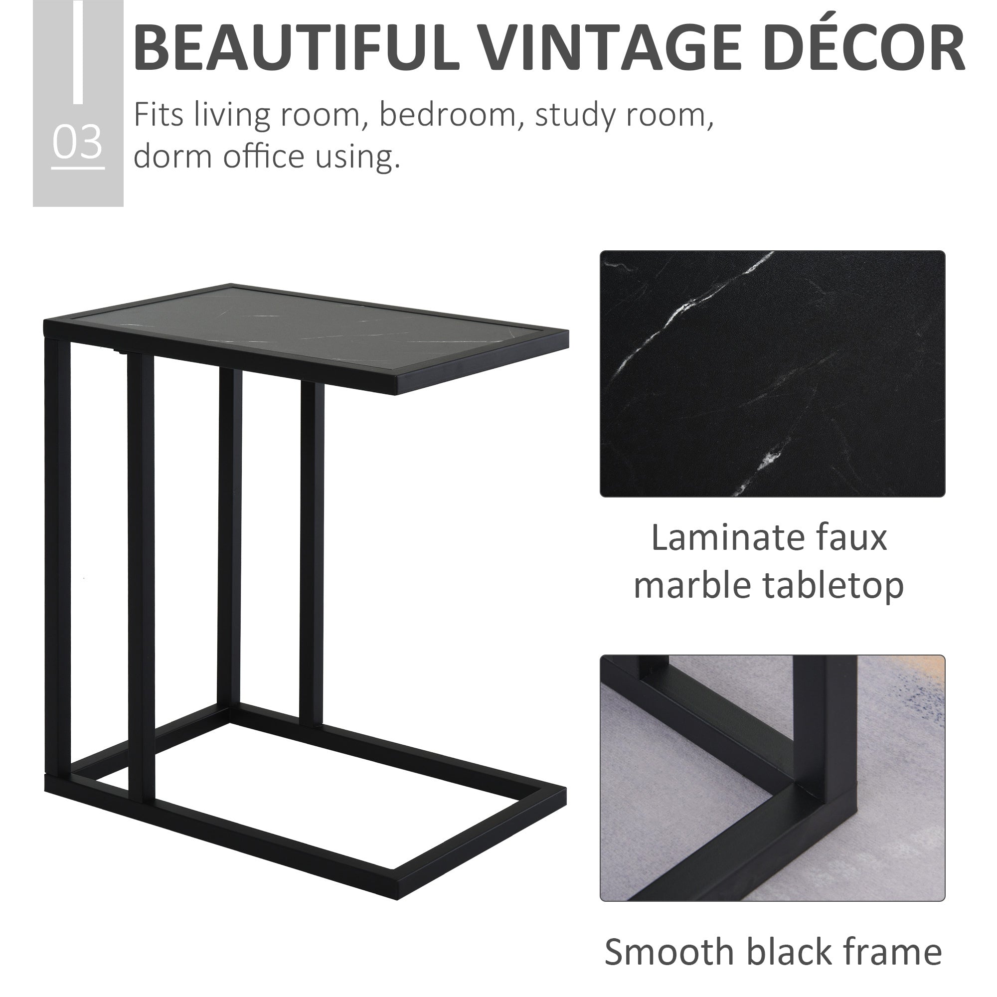 HOMCOM C Shape Bedside Table w/Metal Frame Marble-Effect Top Sofa Narrow Snack End Table for Living Room, Black - North Peak Garden Furniture