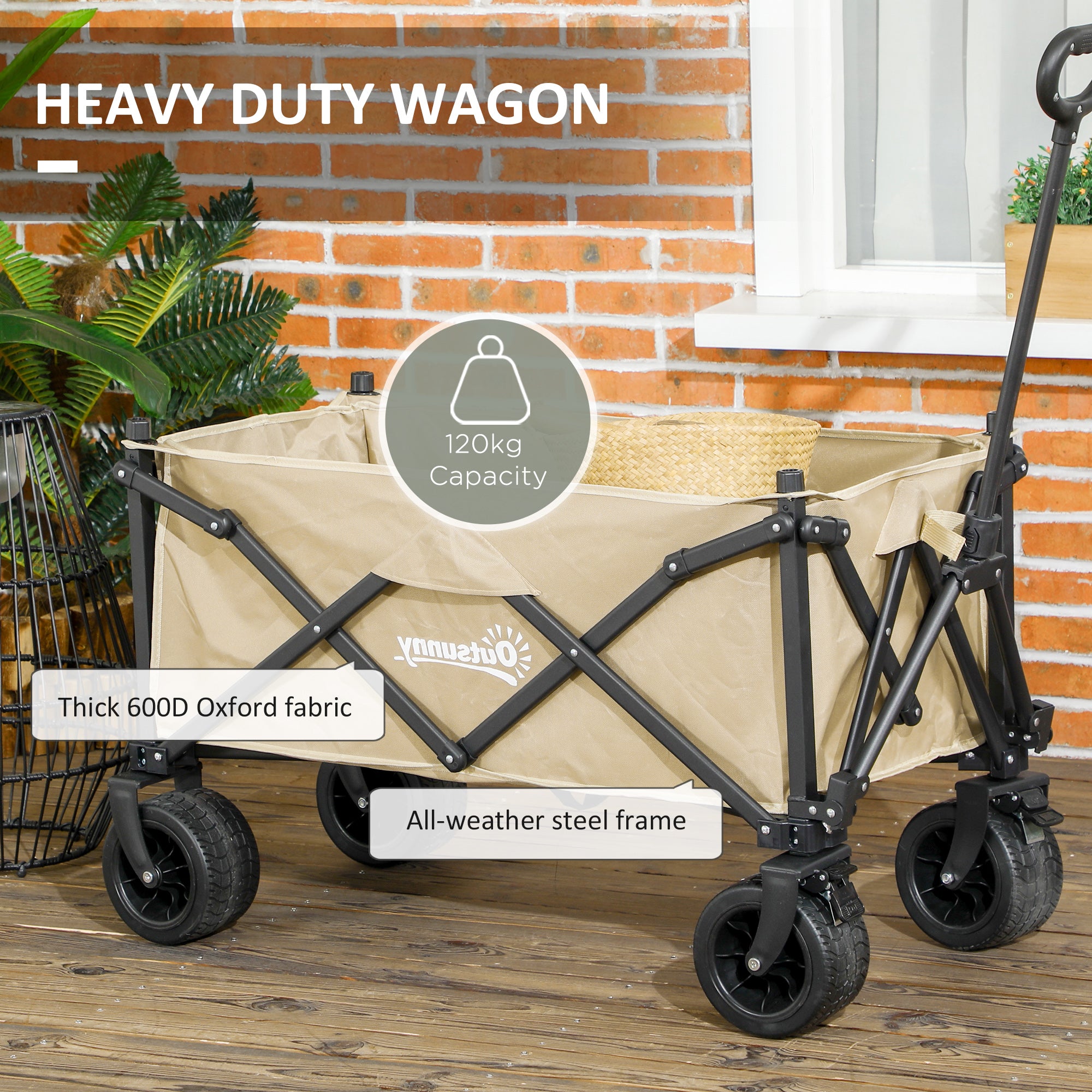 Outsunny Folding Garden Trolley, Outdoor Wagon Cart with Carry Bag, for Beach, Camping, Festival, 120KG Capacity, Khaki - North Peak Garden Furniture