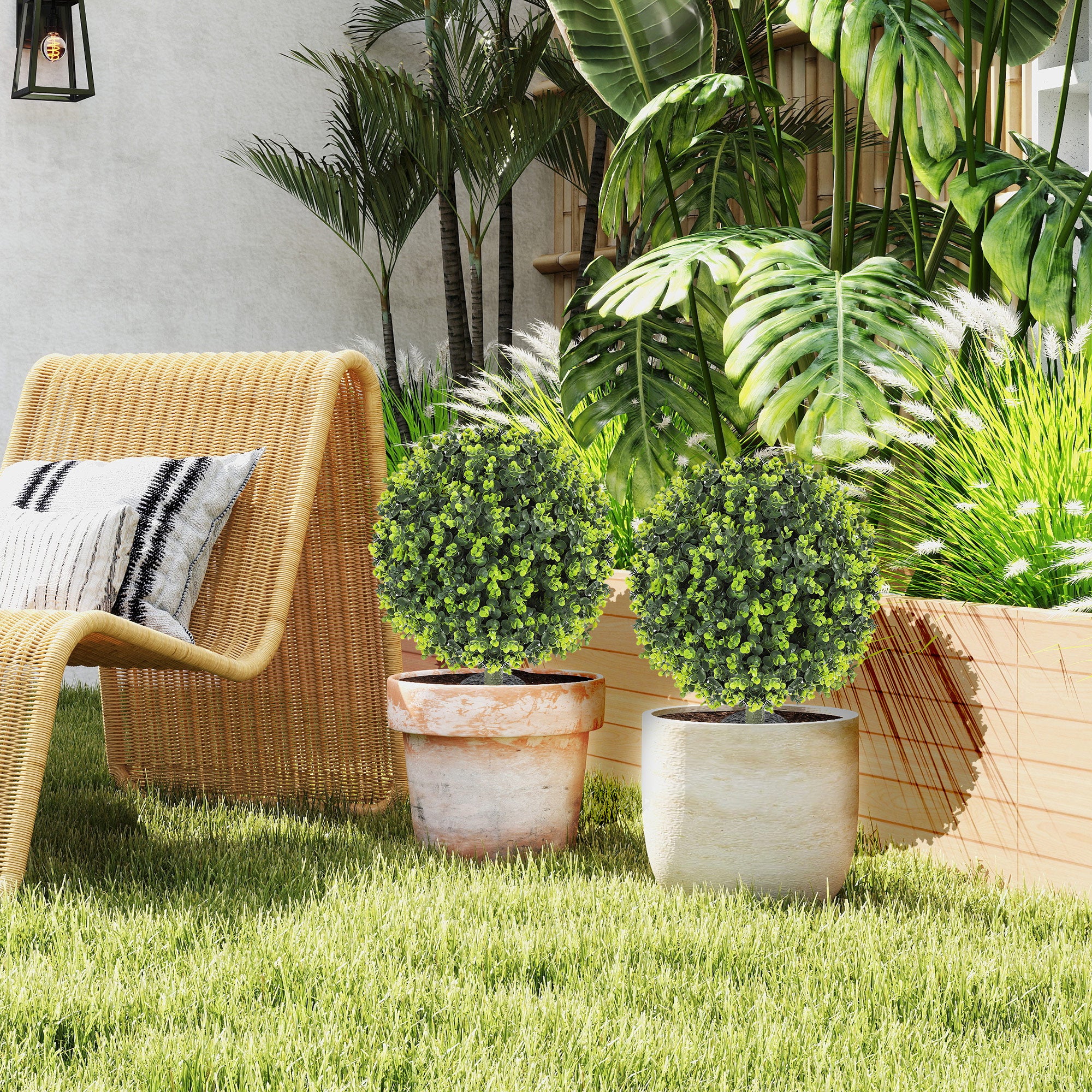 HOMCOM Set of 2 40 cm Artificial Boxwood Topiary Ball Bush with Integrated Ground Stake, Indoor Outdoor UV Resistant Faux Greenery, Faux Plants for Garden, Porch, Balcony