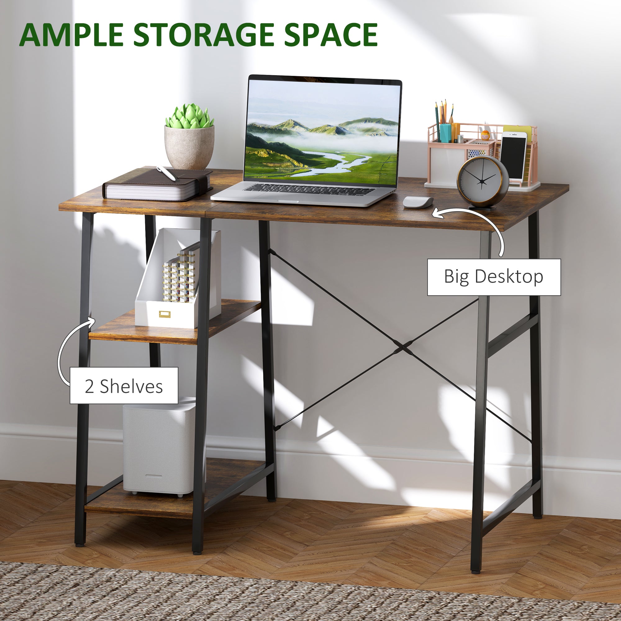 HOMCOM 100cm Computer Desk with Storage, Industrial Home Office Desk with 2 Tier Shelves and Steel Frame, Computer Table for Study Room, Rustic Brown - North Peak Garden Furniture