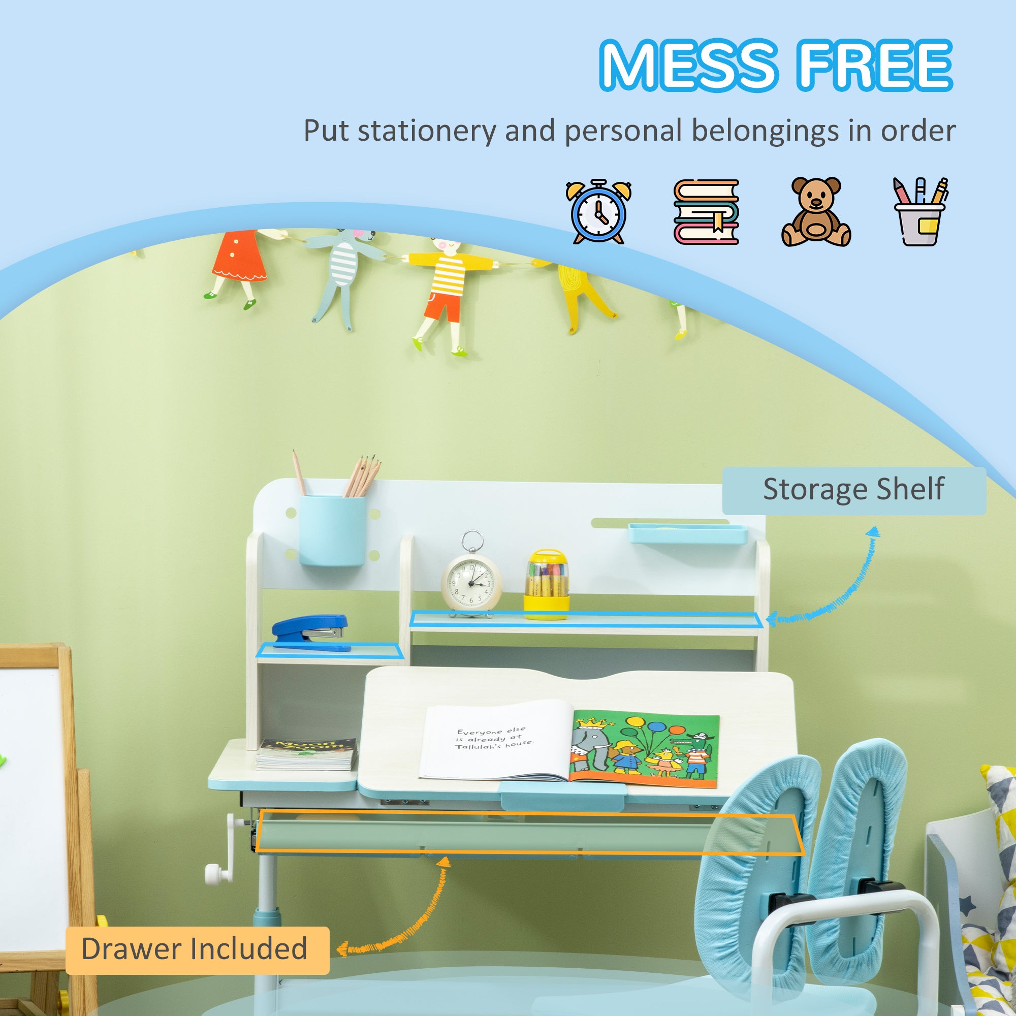 HOMCOM Kids Desk and Chair Set, with Storage Shelves, Washable Cover, for Ages 3-12 Years - Blue - North Peak Garden Furniture