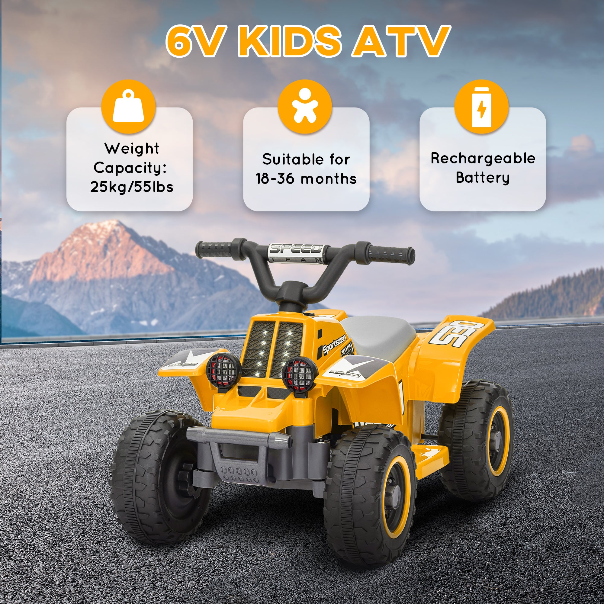 AIYAPLAY 6V Electric Quad Bike for Kids, Ride On ATV w/ Forward Backward, Headlights, for 18-36 Months - Yellow - North Peak Garden Furniture