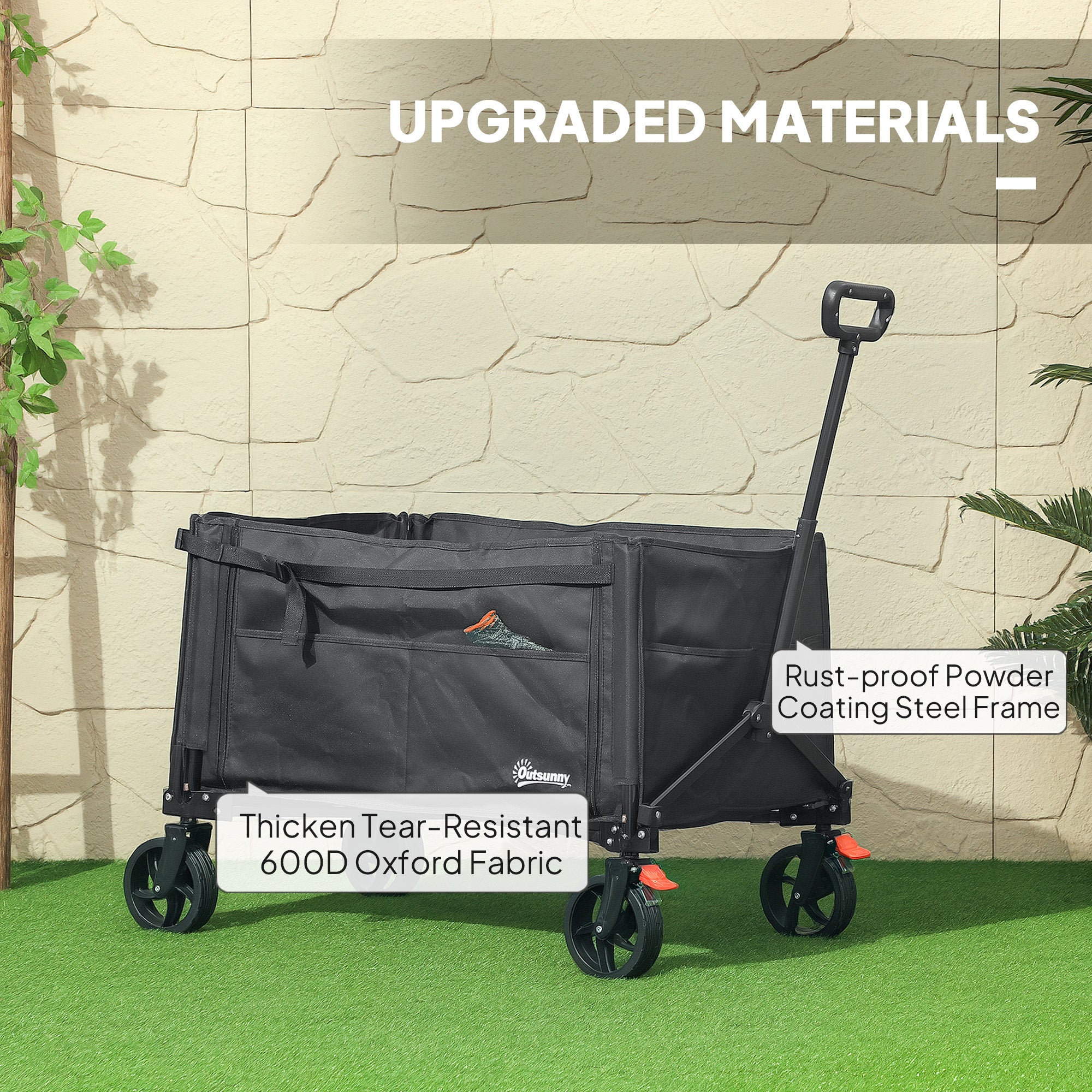 Outsunny Folding Trolley on Wheels, 150L Collapsible Wagon Festival Trolley Cart with Openable Sides, Adjustable Handle and Brakes for Shopping Camping Beach and Garden, Black - North Peak Garden Furniture