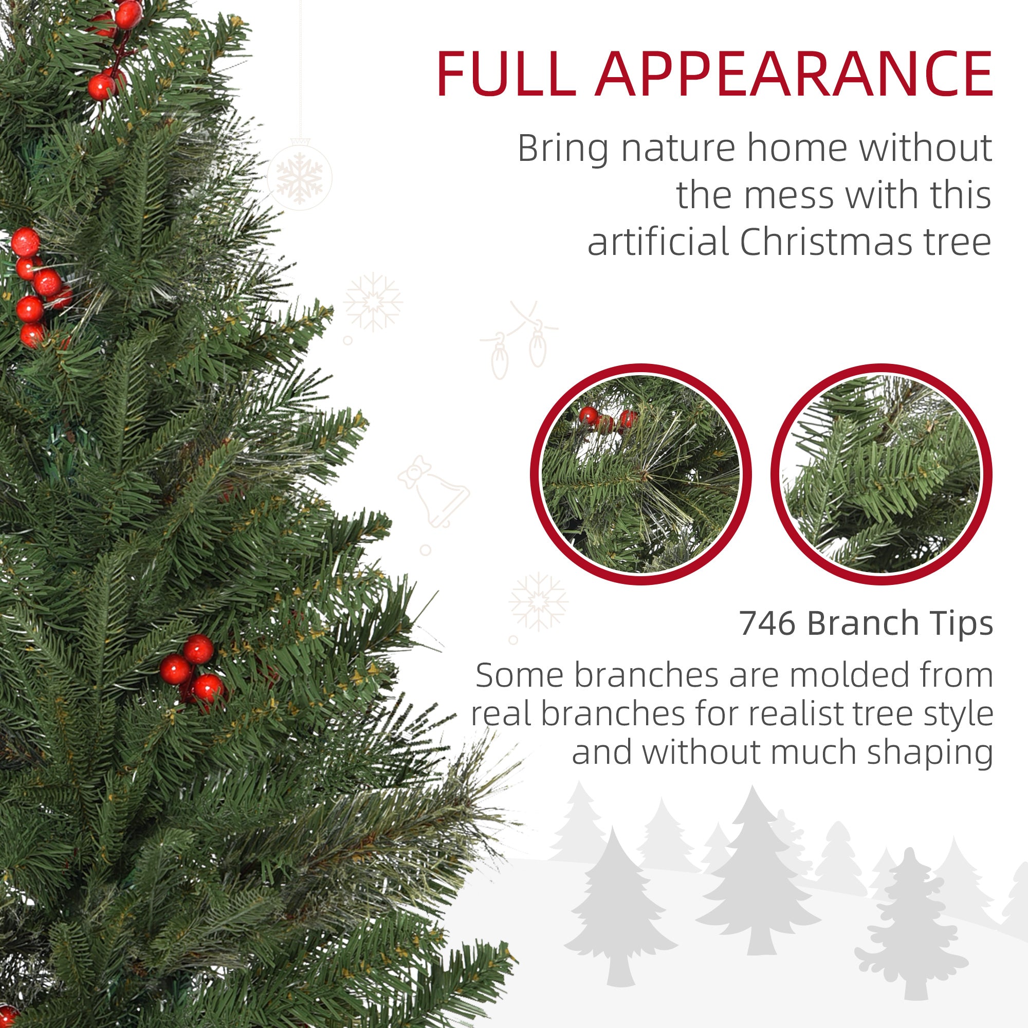 HOMCOM 7ft Pencil Artificial Christmas Tree with Realistic Branches, Red Berries, Auto Open, Green - North Peak Garden Furniture