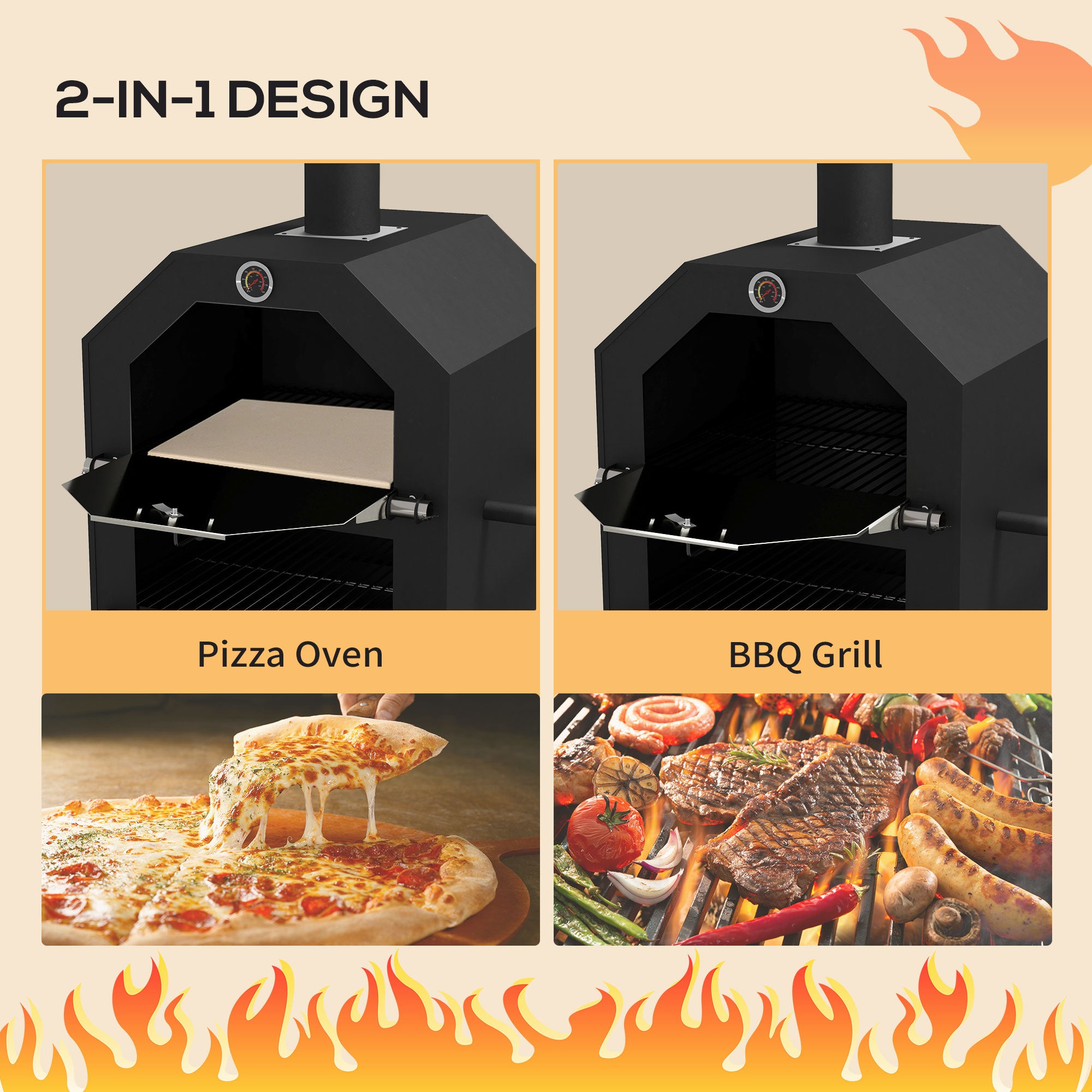 Outsunny Steel 3-Tier Outdoor Pizza Oven Charcoal BBQ Grill, Black - North Peak Garden Furniture