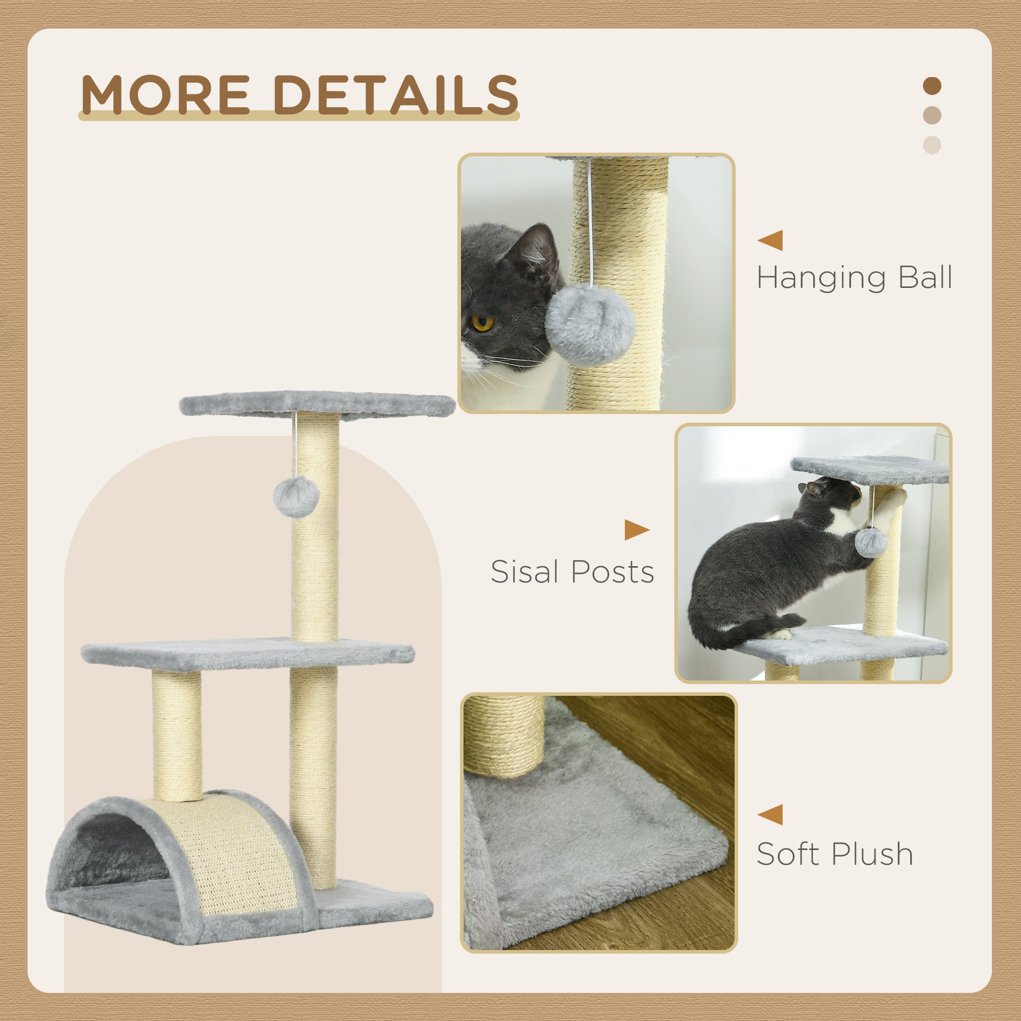 PawHut 72cm Cat Tree with Scratching Post, Pad for Indoor Cats - Light Grey - North Peak Garden Furniture
