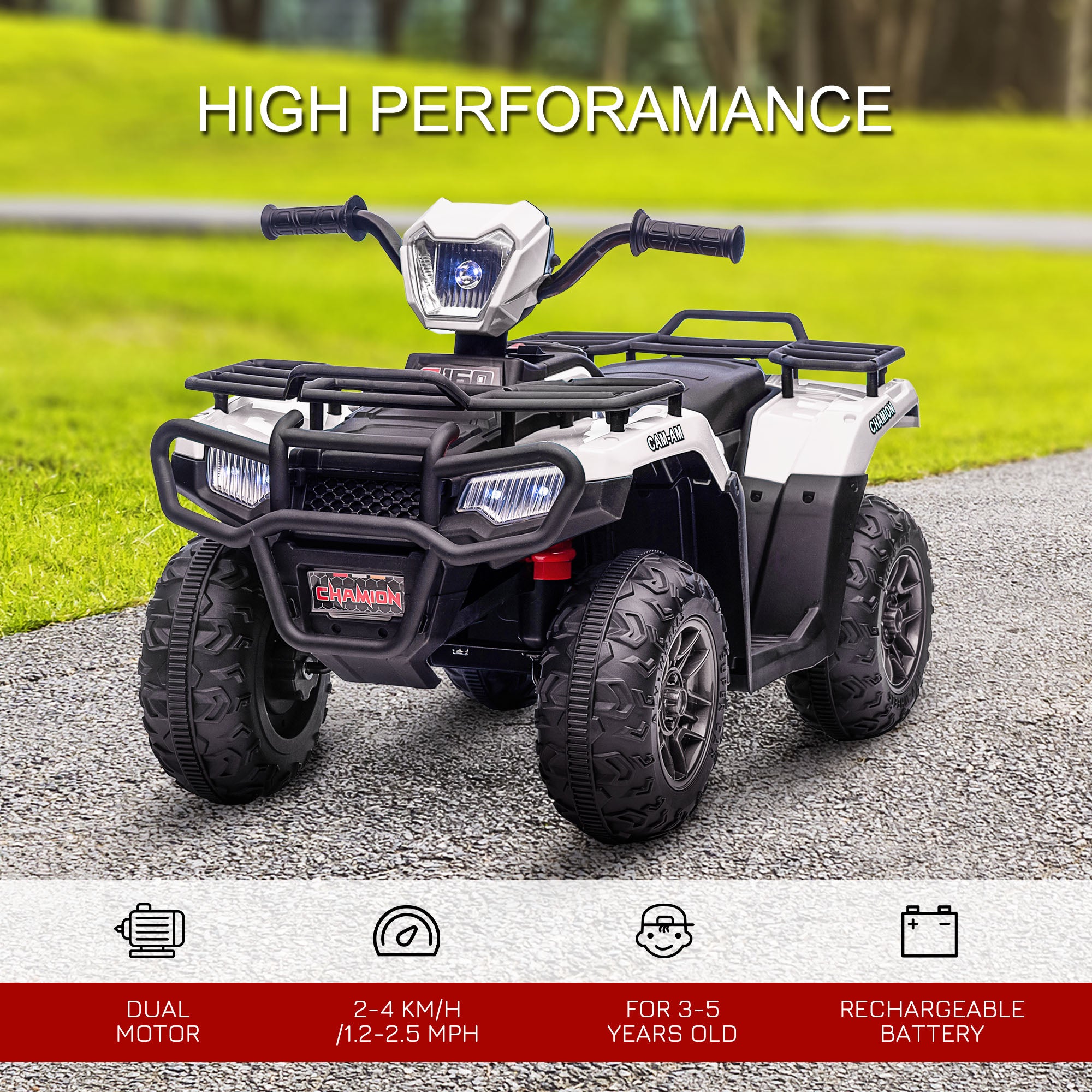 HOMCOM 12V Kids Quad Bike with Forward, Reverse Functions, Ride-On ATV w/ Music, LED, Headlights, for Ages 3-5 Years - White - North Peak Garden Furniture